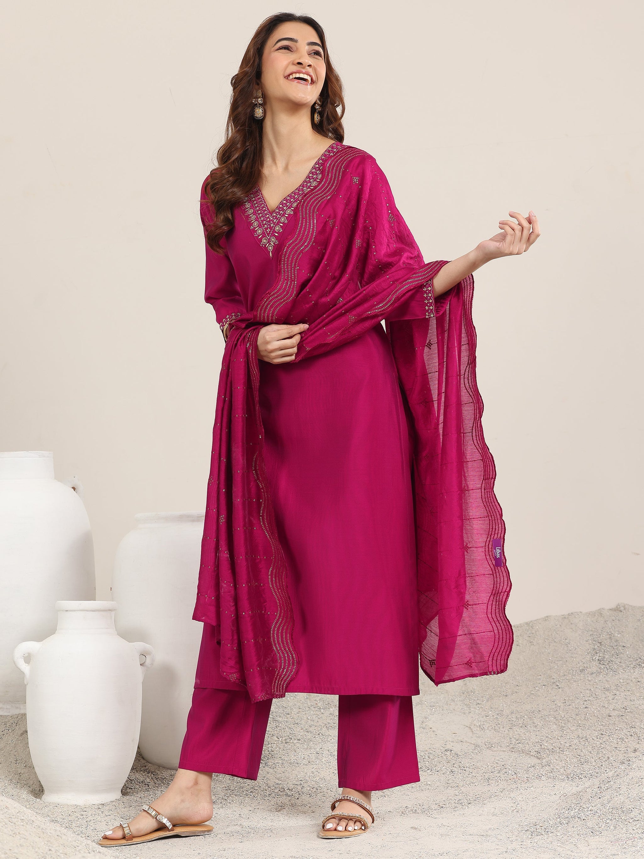 Gerua Burgundy Yoke Design Silk Blend Straight Suit With Dupatta