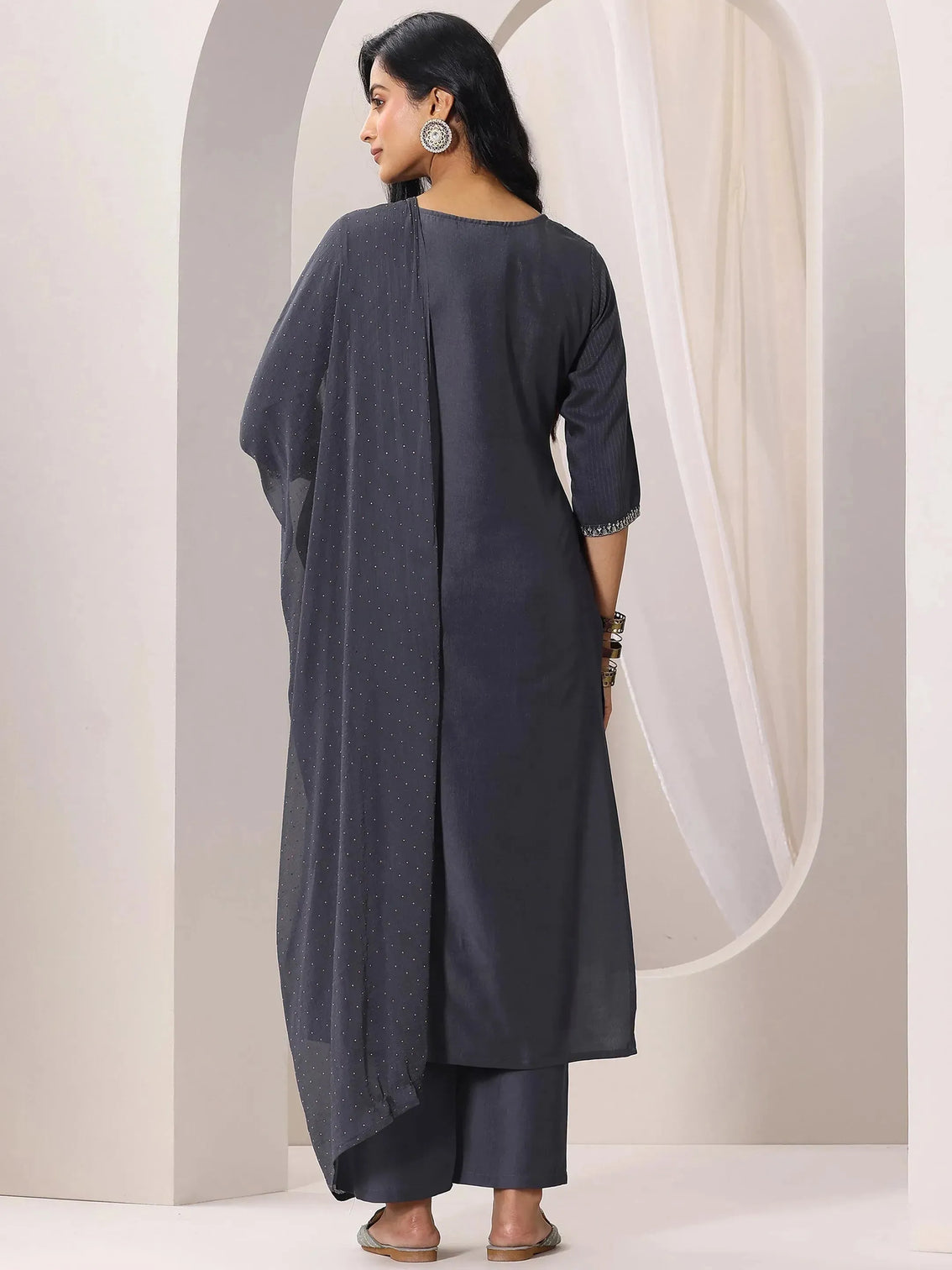 Mameraa Grey Yoke Design Straight Suit Set With Dupatta