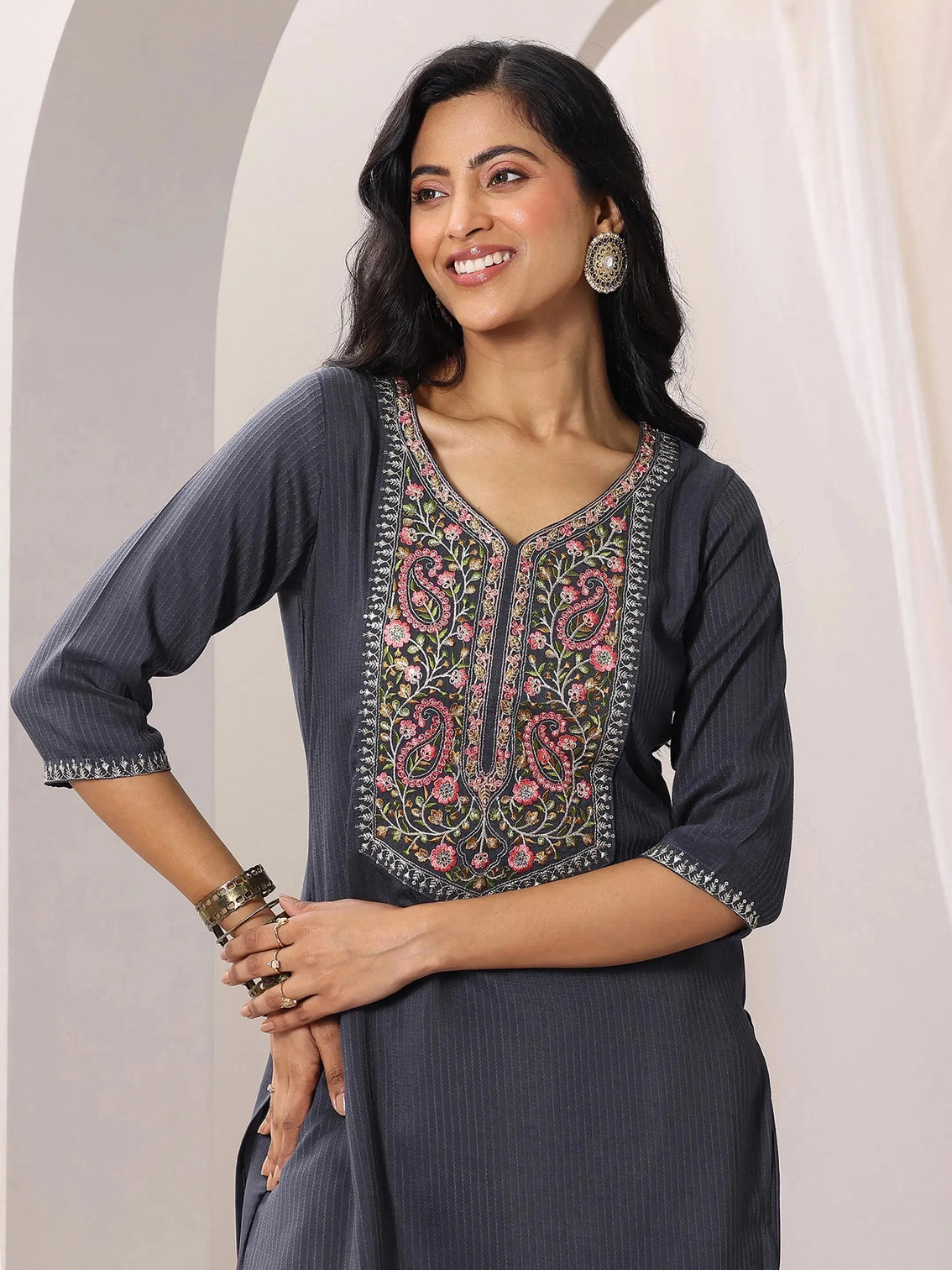Mameraa Grey Yoke Design Straight Suit Set With Dupatta
