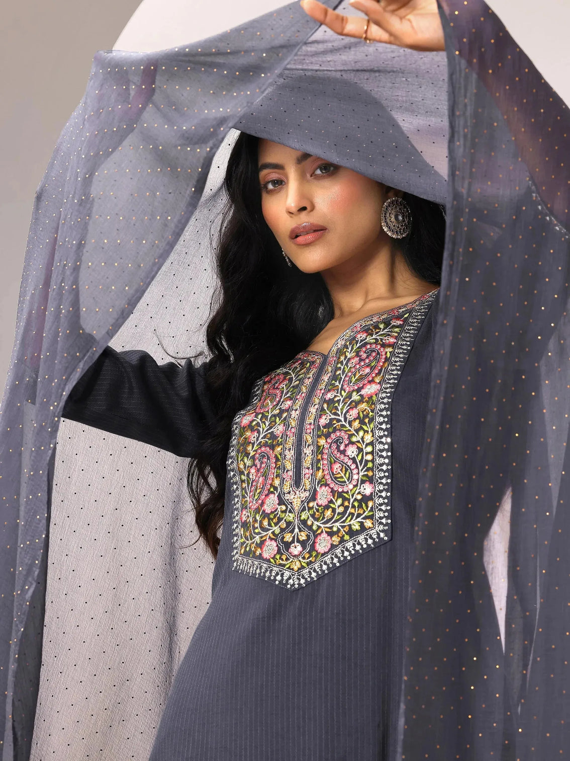 Mameraa Grey Yoke Design Straight Suit Set With Dupatta