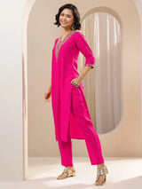 Gerua Pink Embroidered Silk Blend Straight Suit Sets With Dupatta