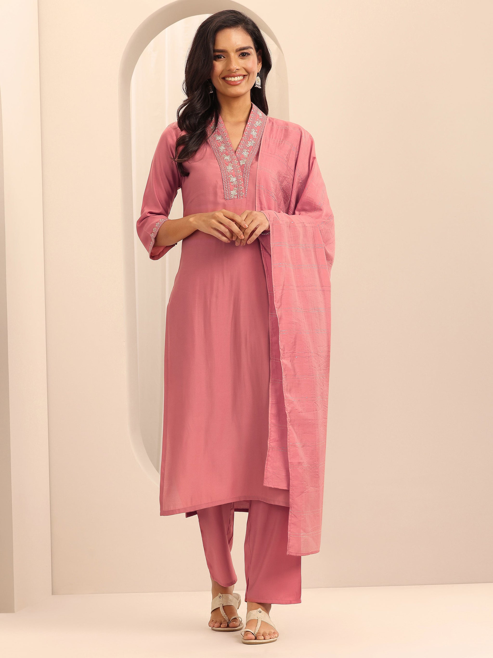 Gerua Peach Embellished Silk Blend Straight Suit Set With Dupatta