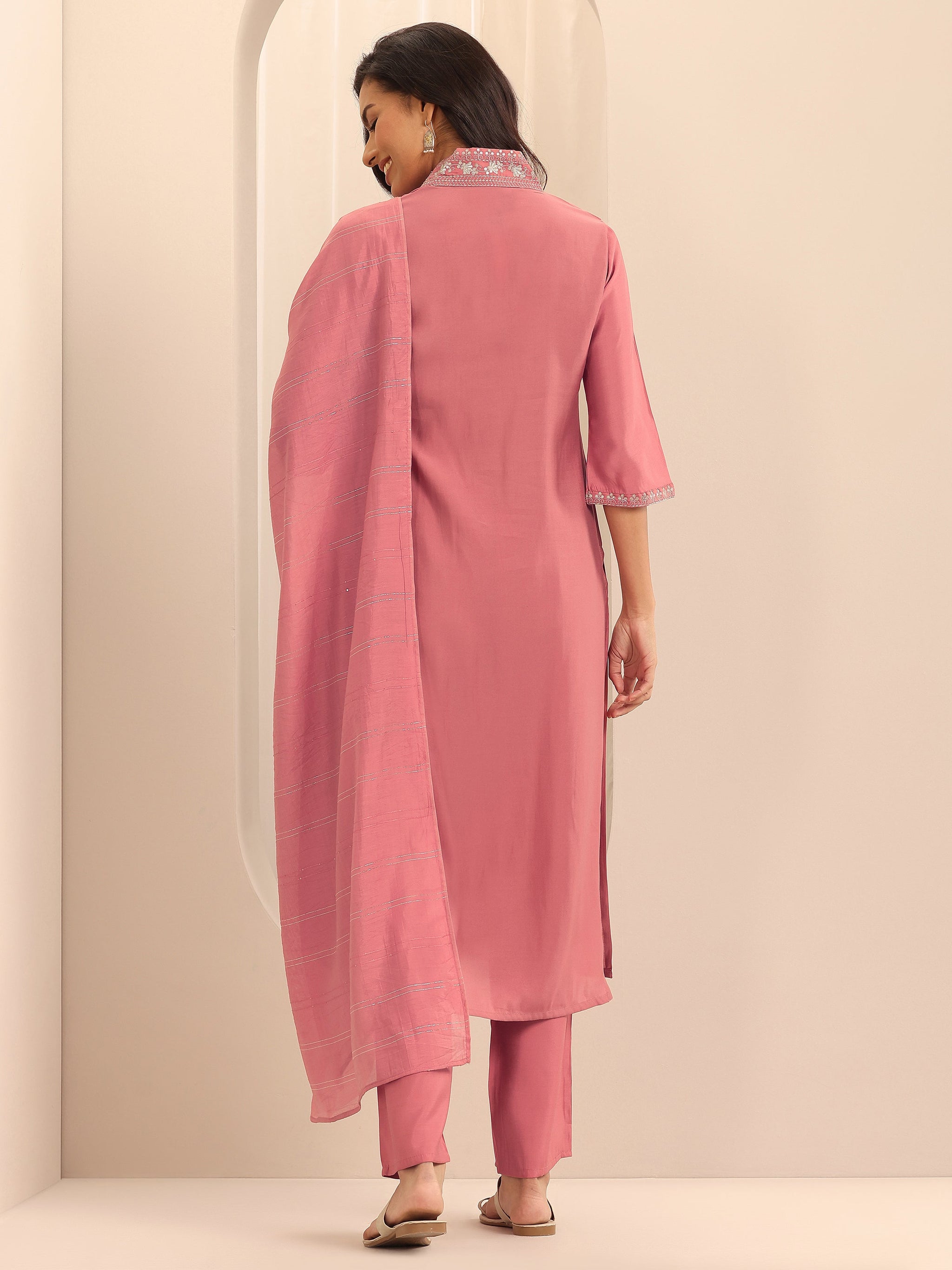 Gerua Peach Embellished Silk Blend Straight Suit Set With Dupatta