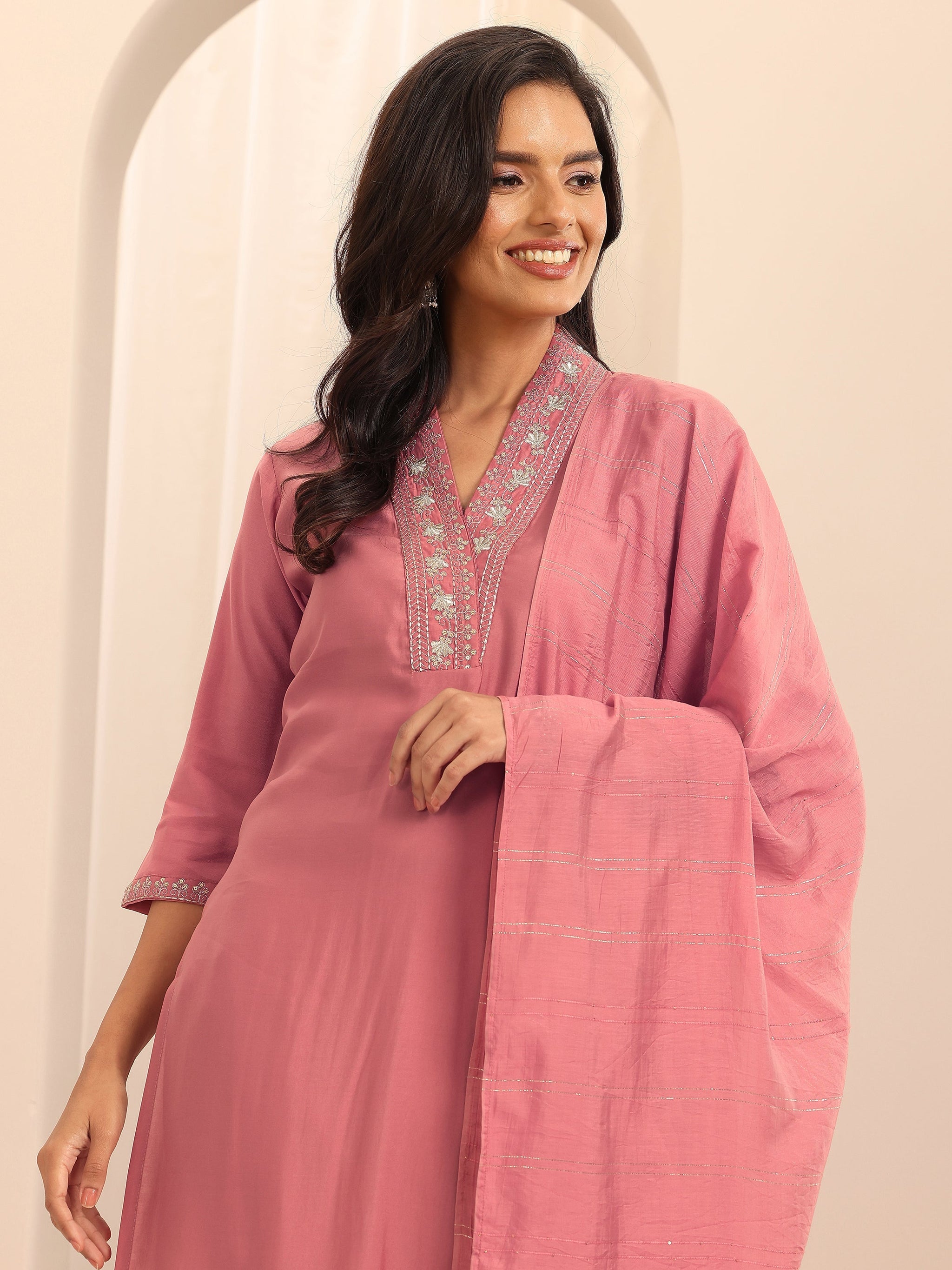 Gerua Peach Embellished Silk Blend Straight Suit Set With Dupatta