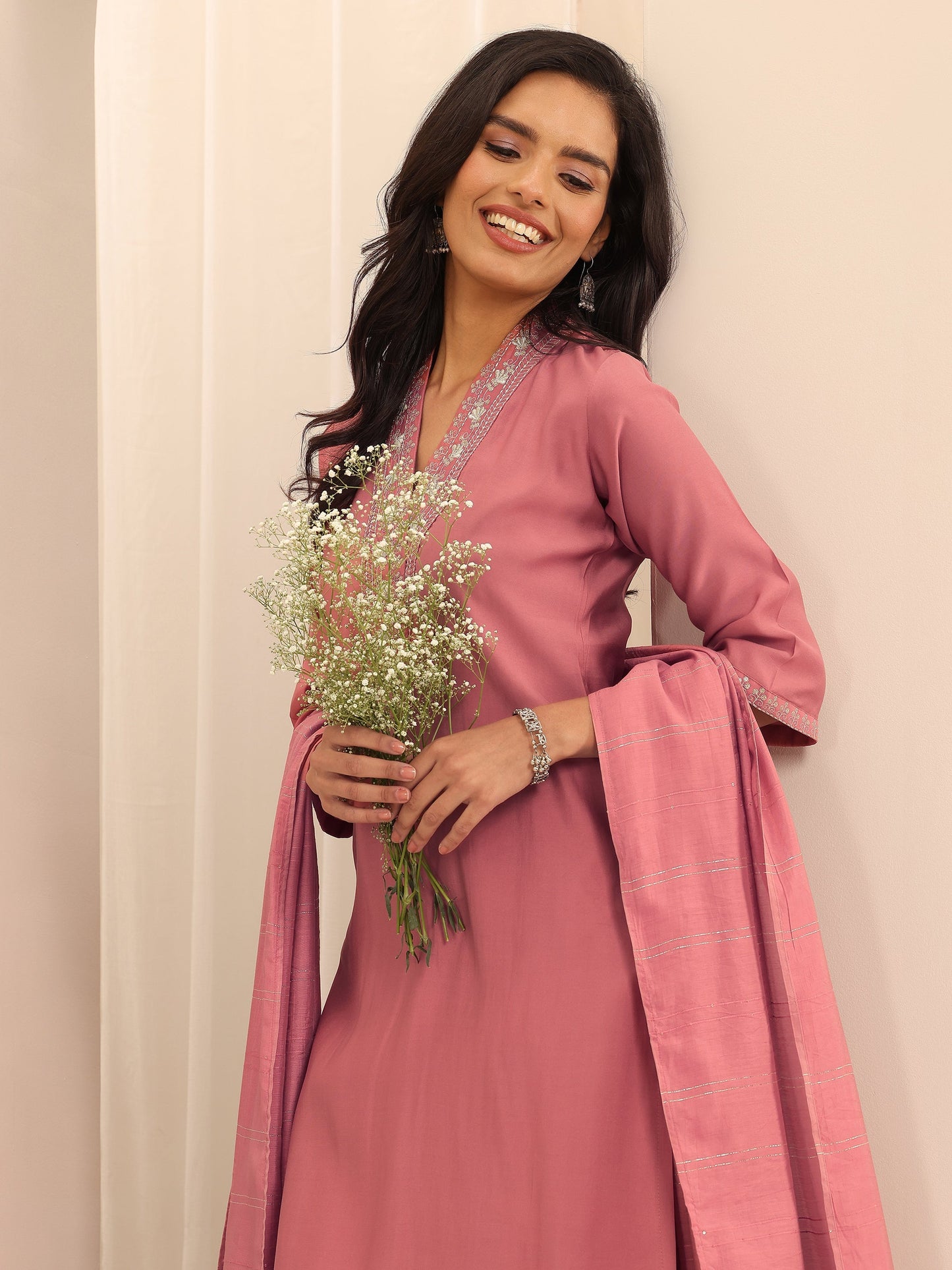 Gerua Peach Embellished Silk Blend Straight Suit Set With Dupatta