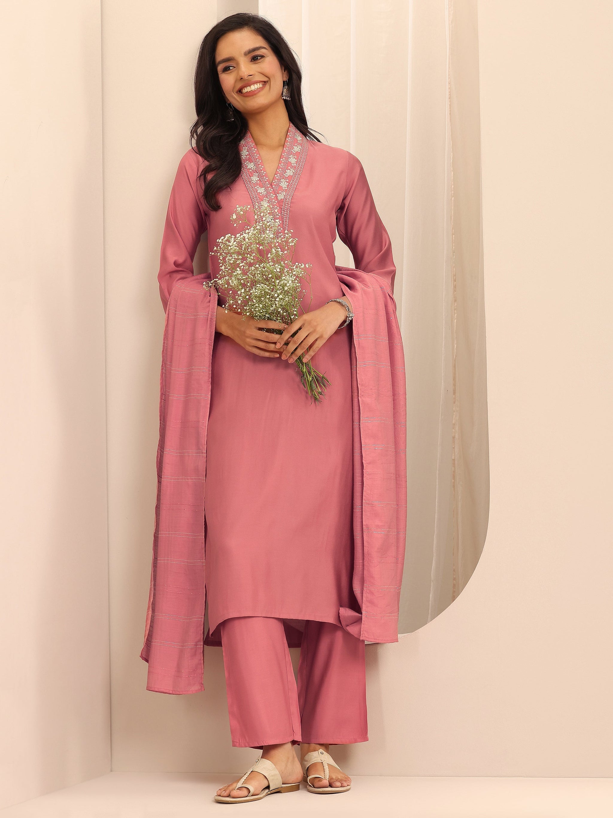 Gerua Peach Embellished Silk Blend Straight Suit Set With Dupatta