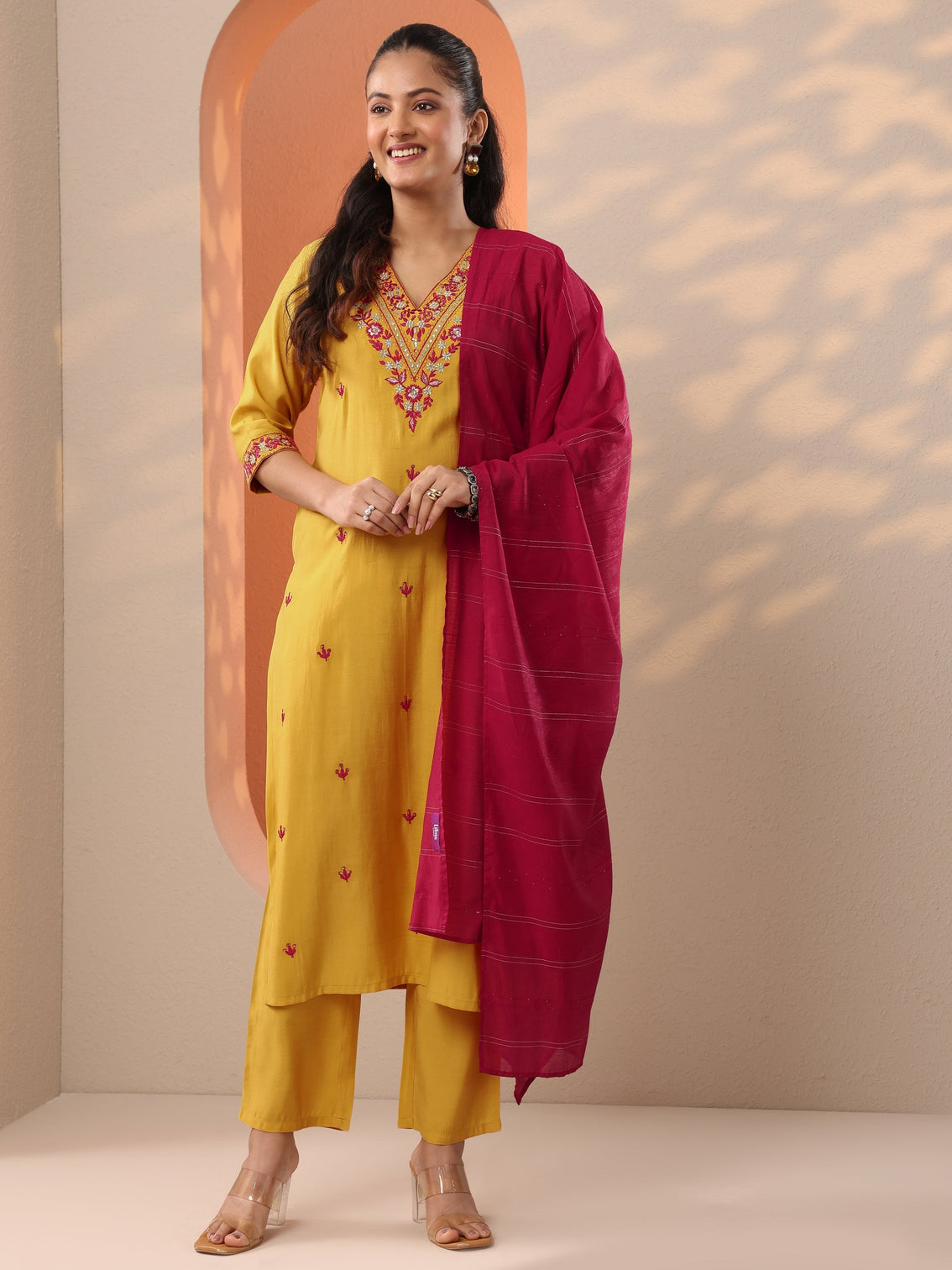 Mameraa Yellow Embroidered Straight Suit Set With Dupatta