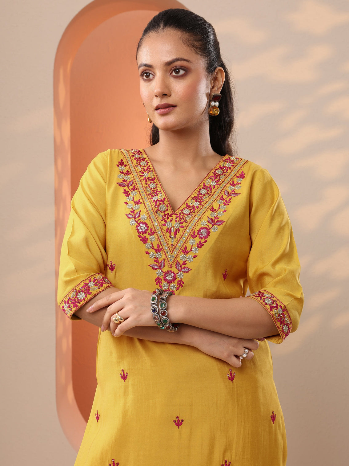 Mameraa Yellow Embroidered Straight Suit Set With Dupatta