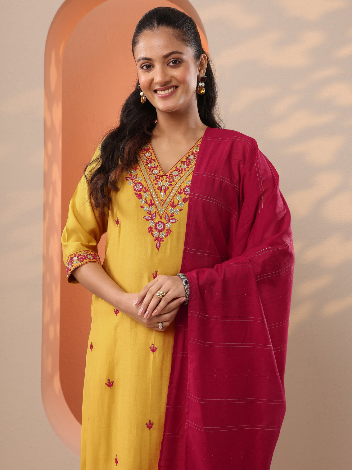 Mameraa Yellow Embroidered Straight Suit Set With Dupatta