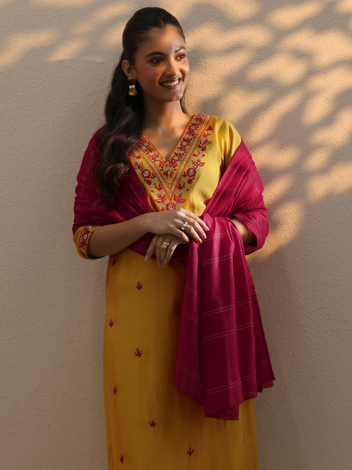 Mameraa Yellow Embroidered Straight Suit Set With Dupatta