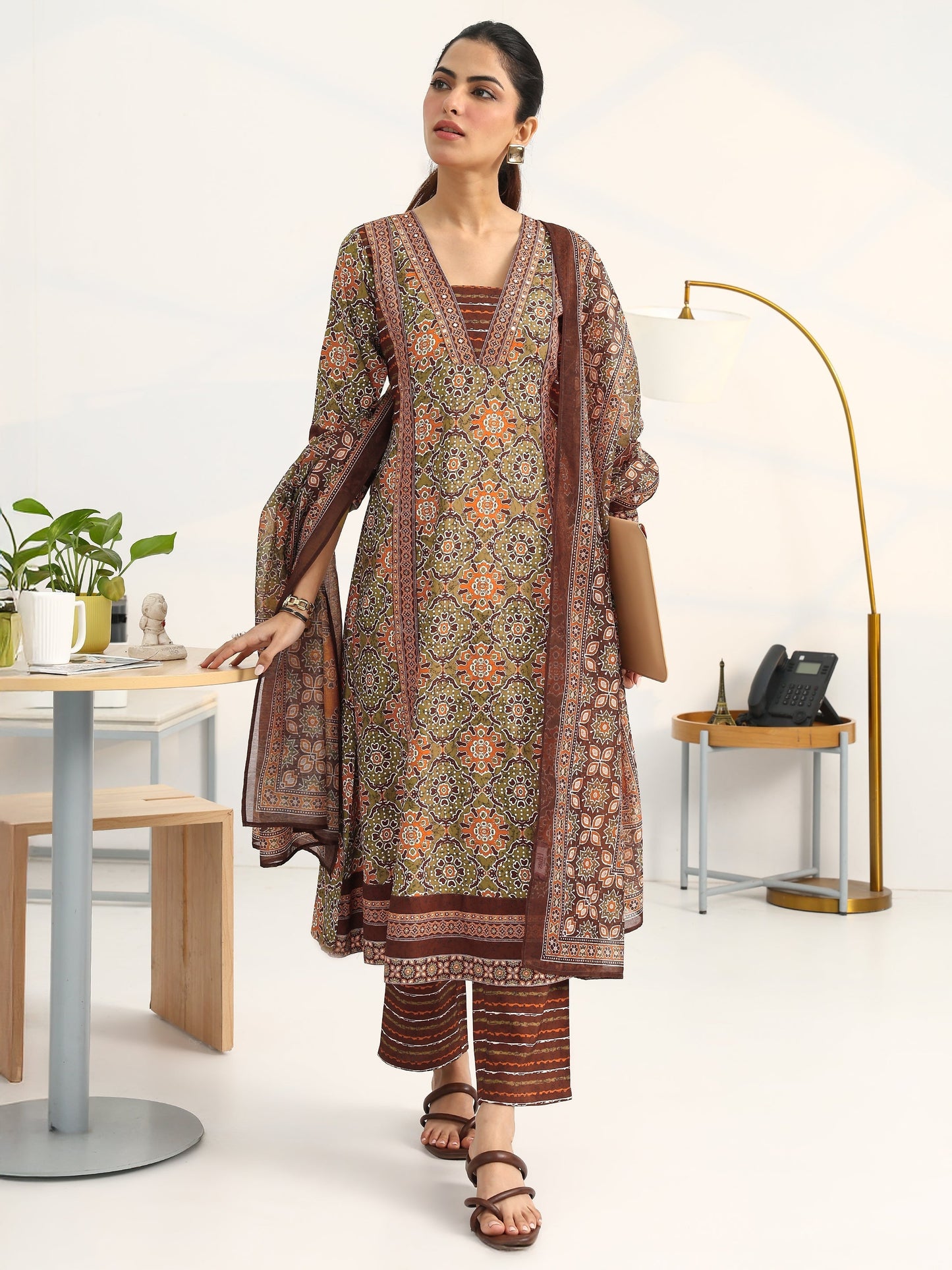 Gerua Green Ethnic Motifs Printed Cotton Blend A-Line Suit Set With Dupatta