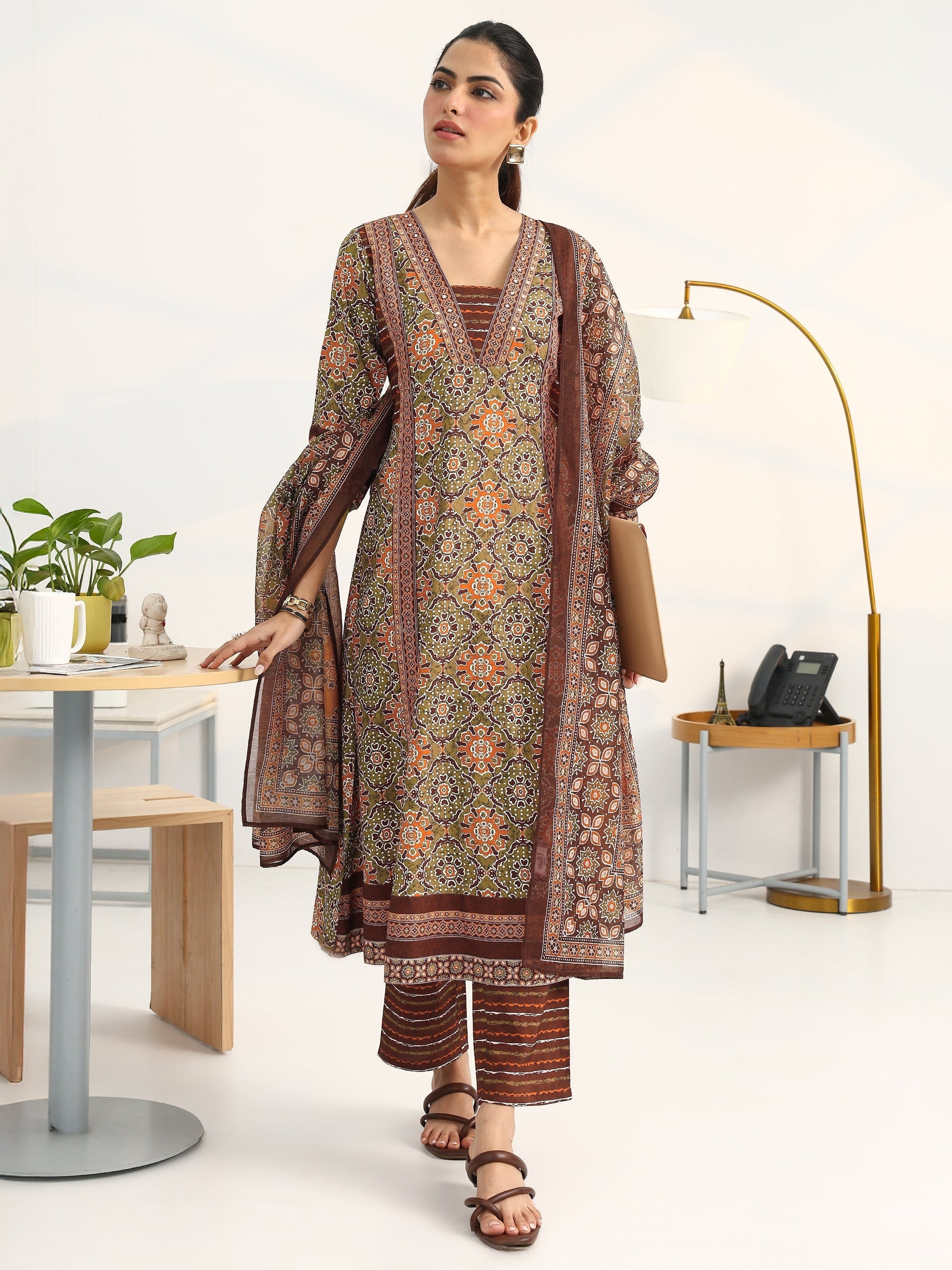 Gerua Green Ethnic Motifs Printed Cotton Blend A-Line Suit Set With Dupatta