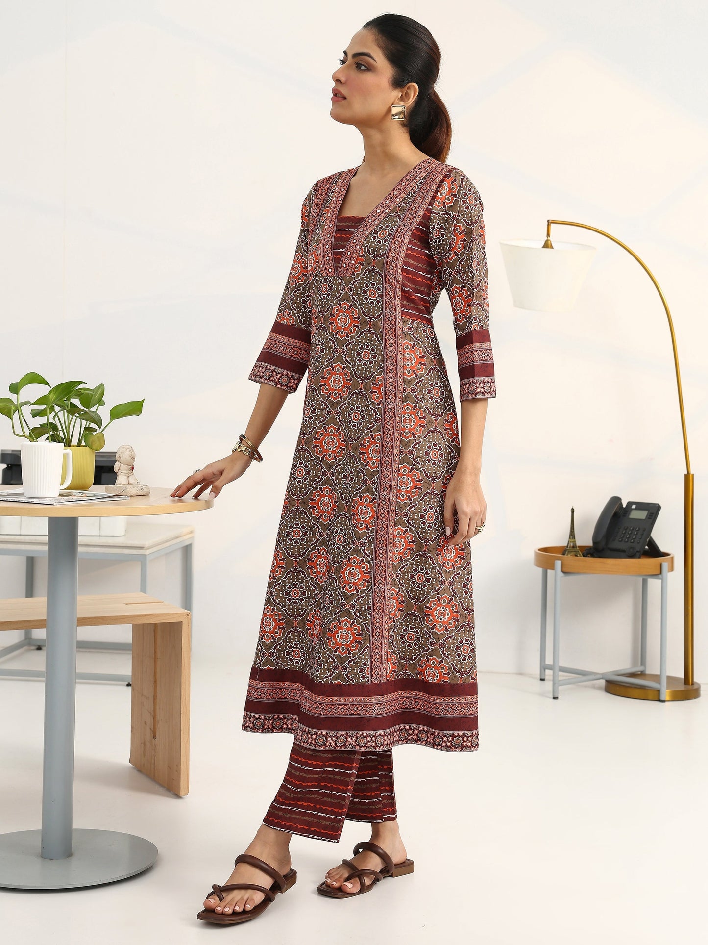 Gerua Green Ethnic Motifs Printed Cotton Blend A-Line Suit Set With Dupatta