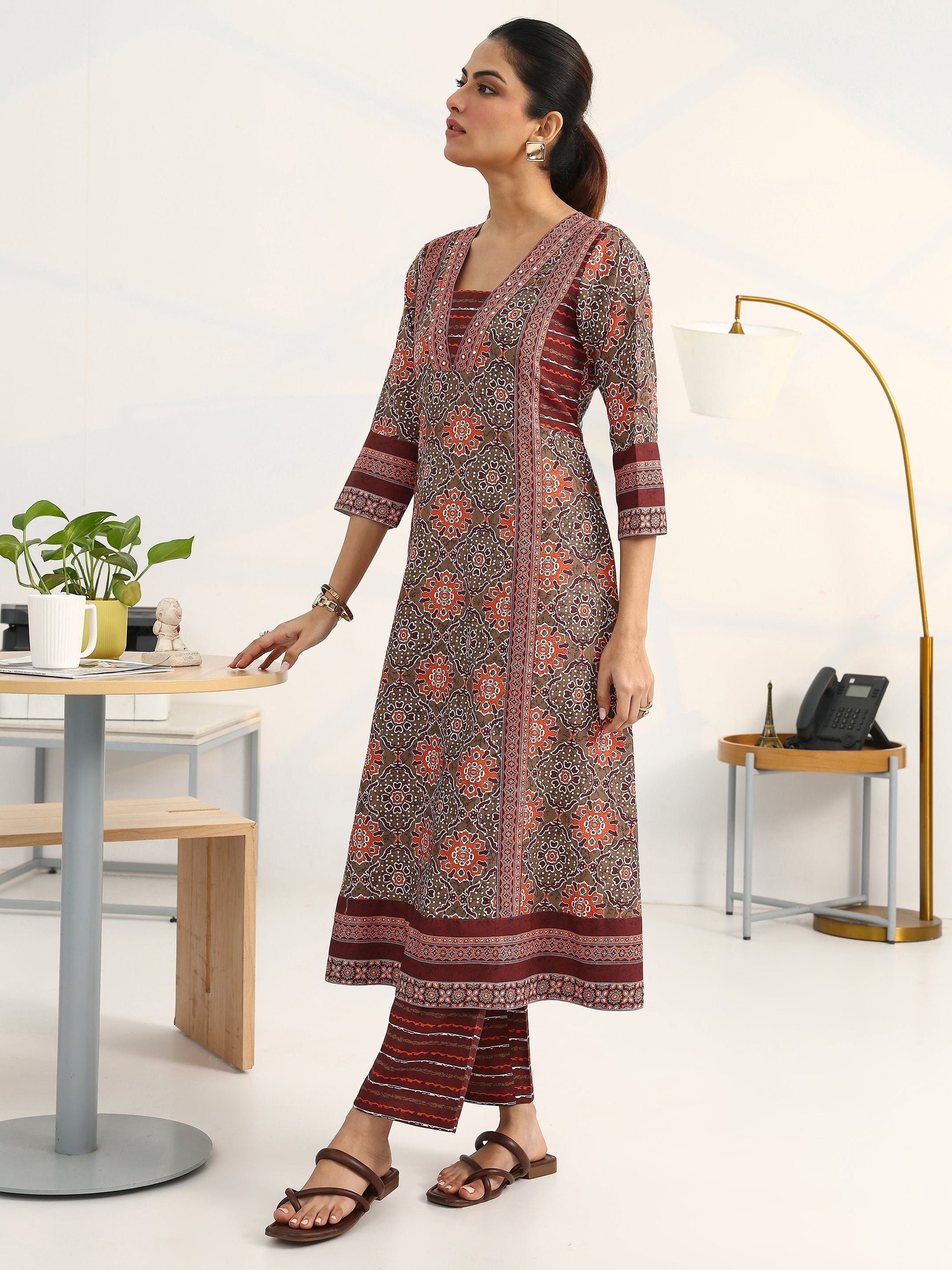 Gerua Green Ethnic Motifs Printed Cotton Blend A-Line Suit Set With Dupatta