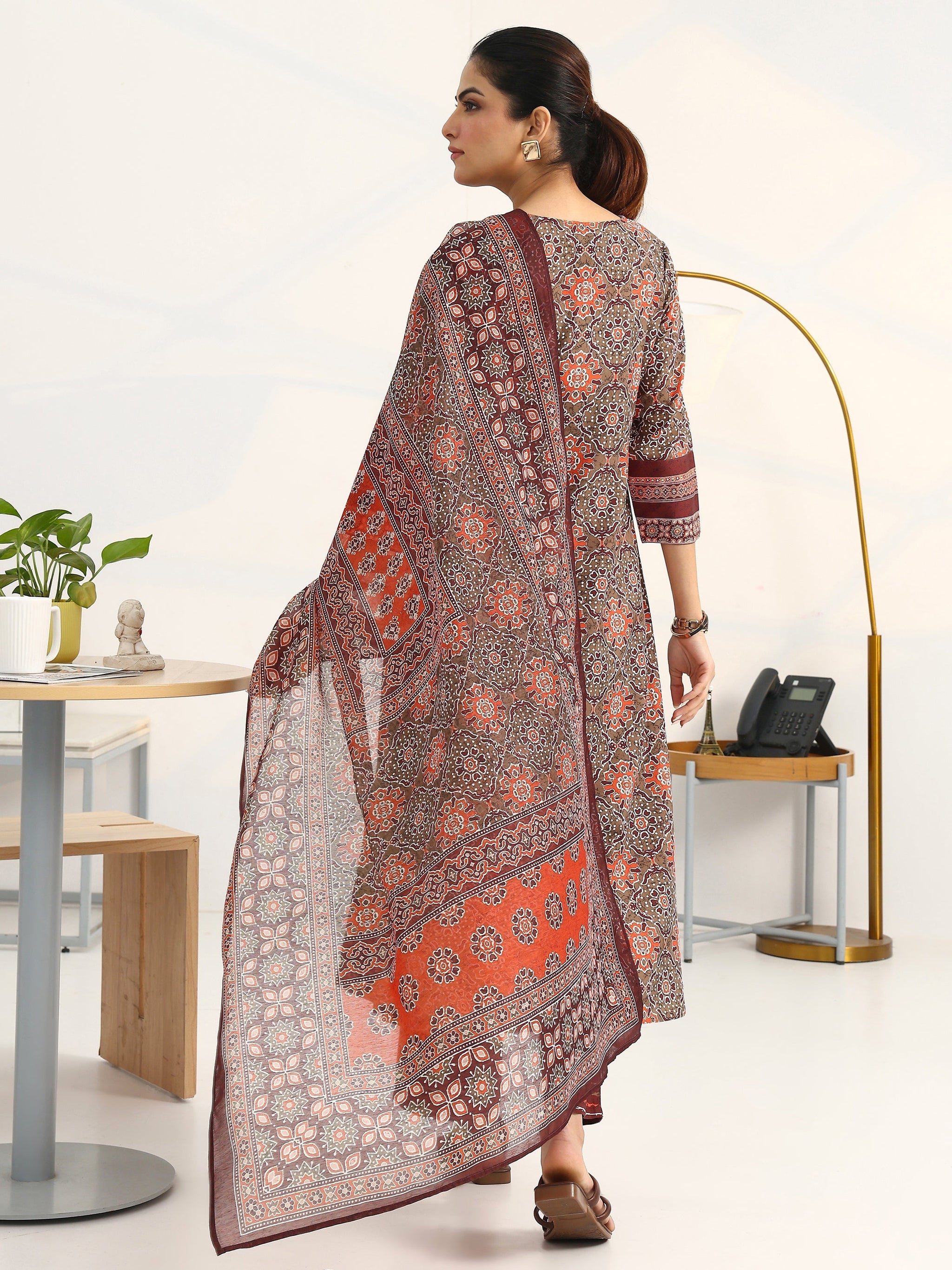 Gerua Green Ethnic Motifs Printed Cotton Blend A-Line Suit Set With Dupatta