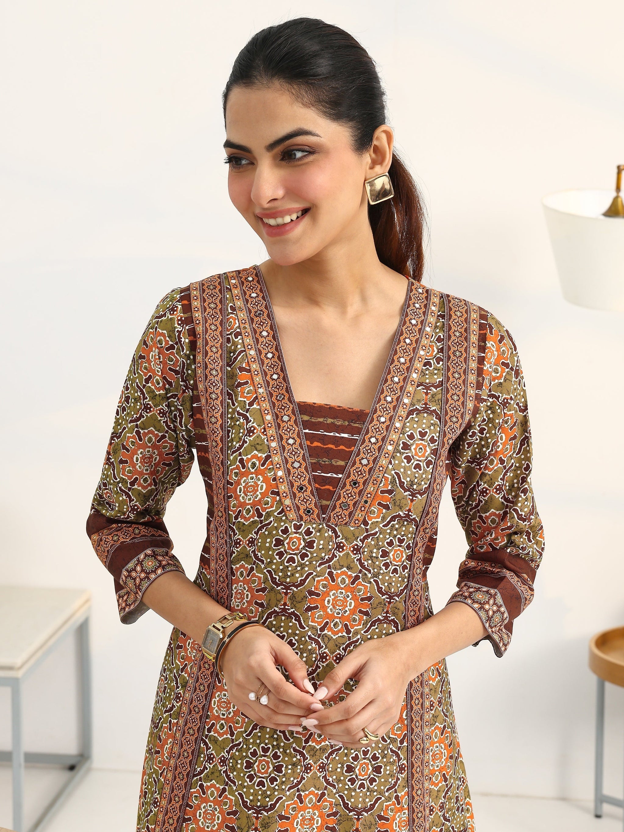Gerua Green Ethnic Motifs Printed Cotton Blend A-Line Suit Set With Dupatta