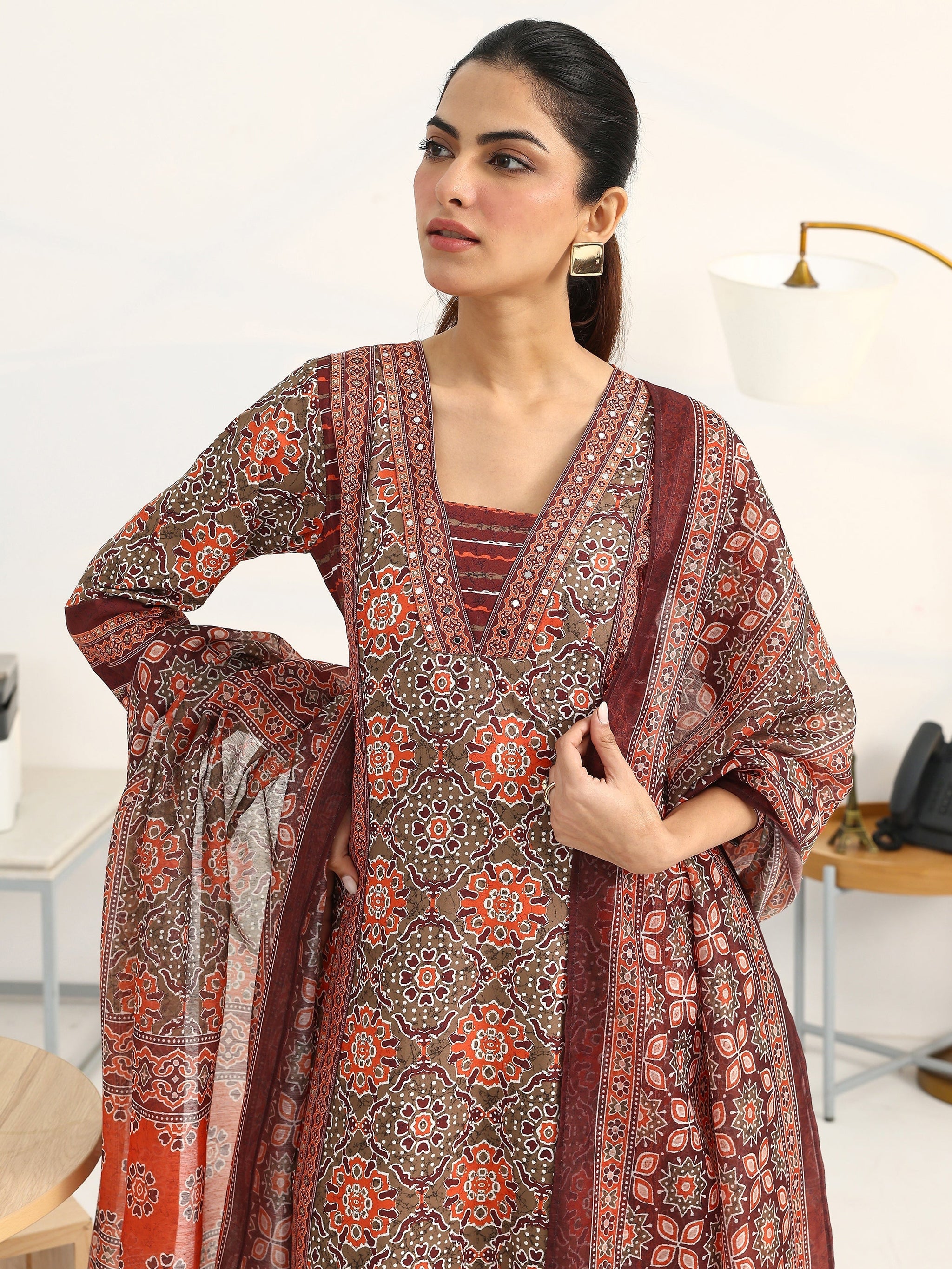 Gerua Green Ethnic Motifs Printed Cotton Blend A-Line Suit Set With Dupatta