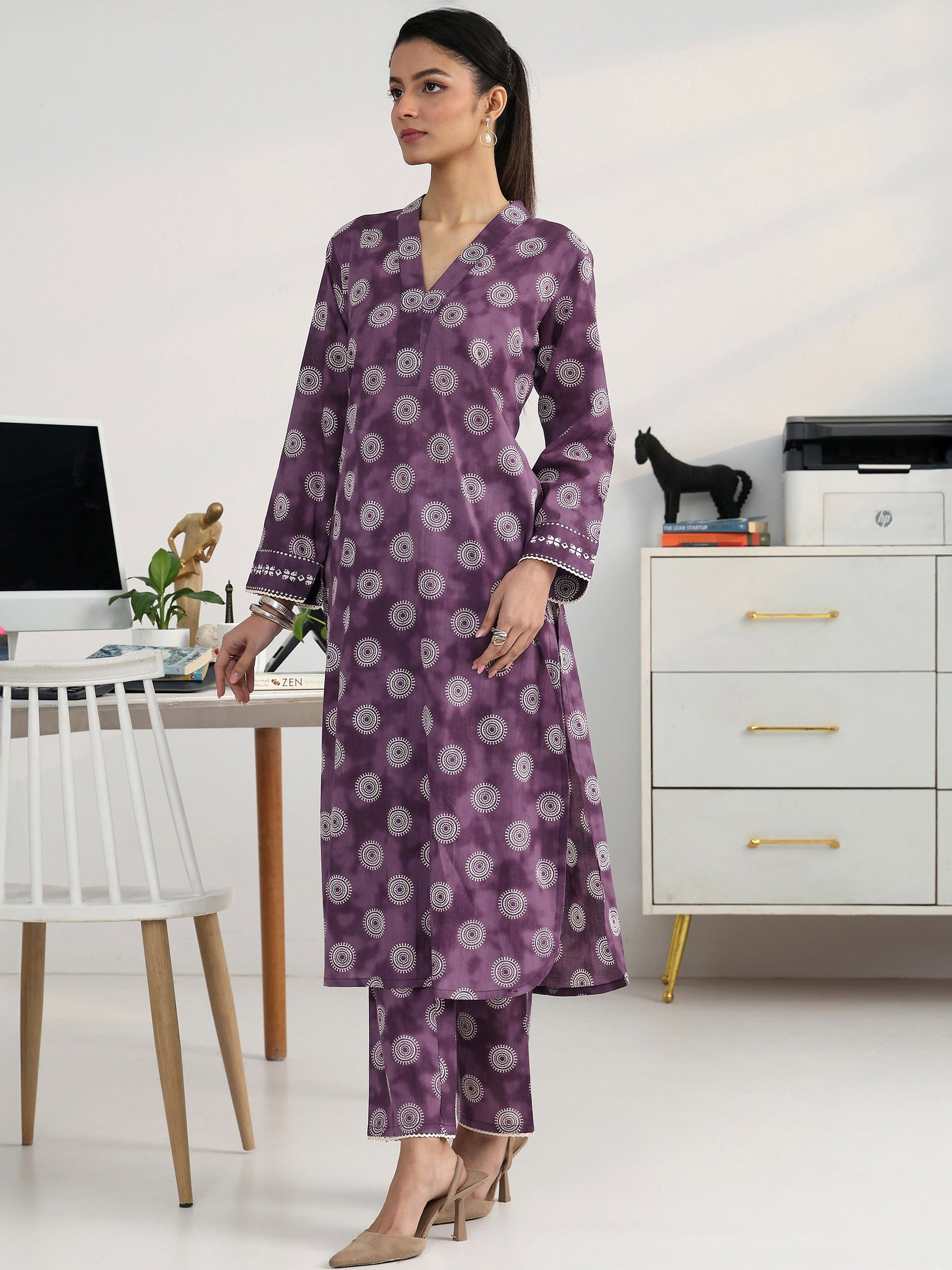 Gerua Purple Geometric Woven Design Cotton Blend Straight Kurta Set