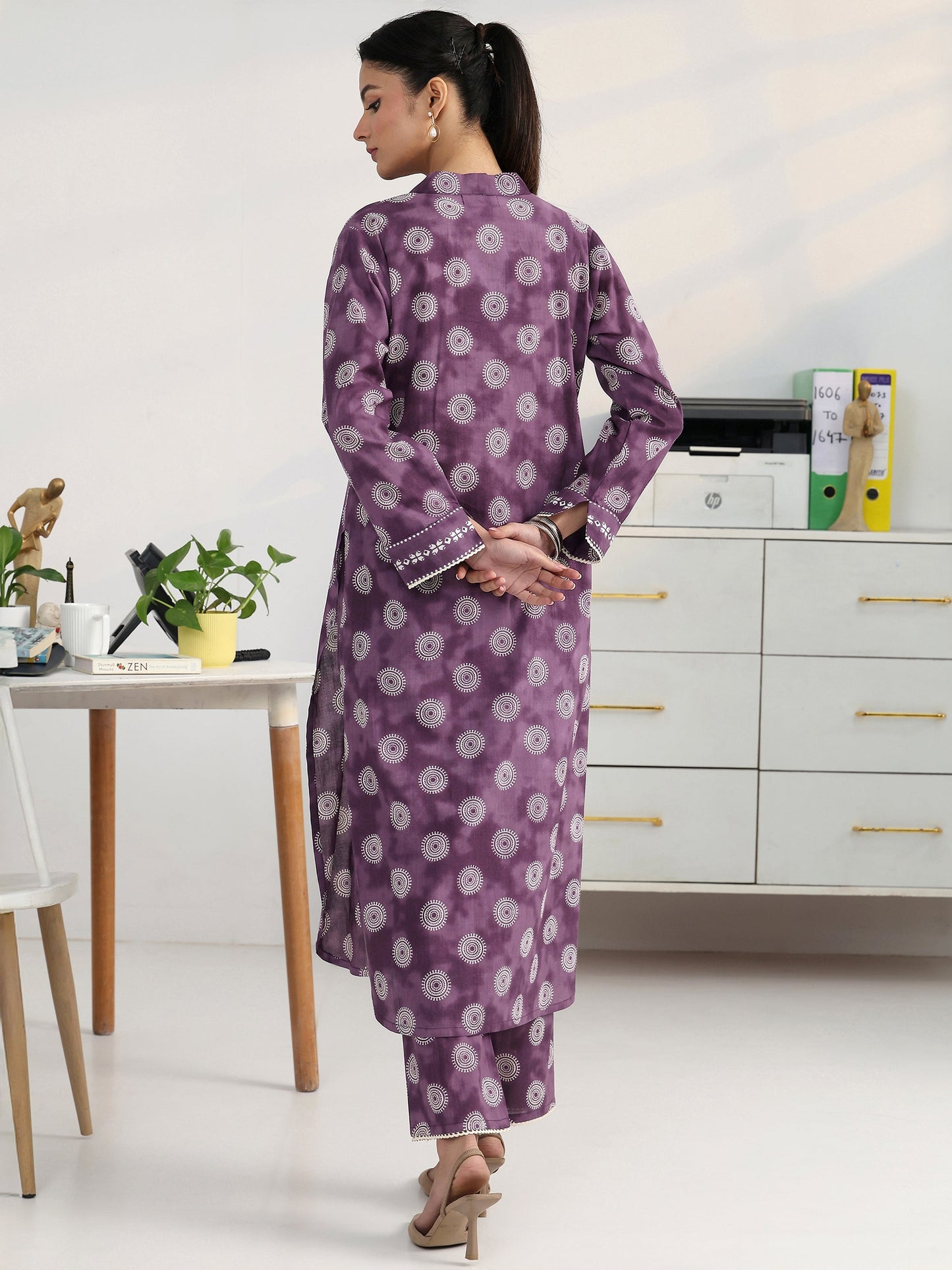 Gerua Purple Geometric Woven Design Cotton Blend Straight Kurta Set
