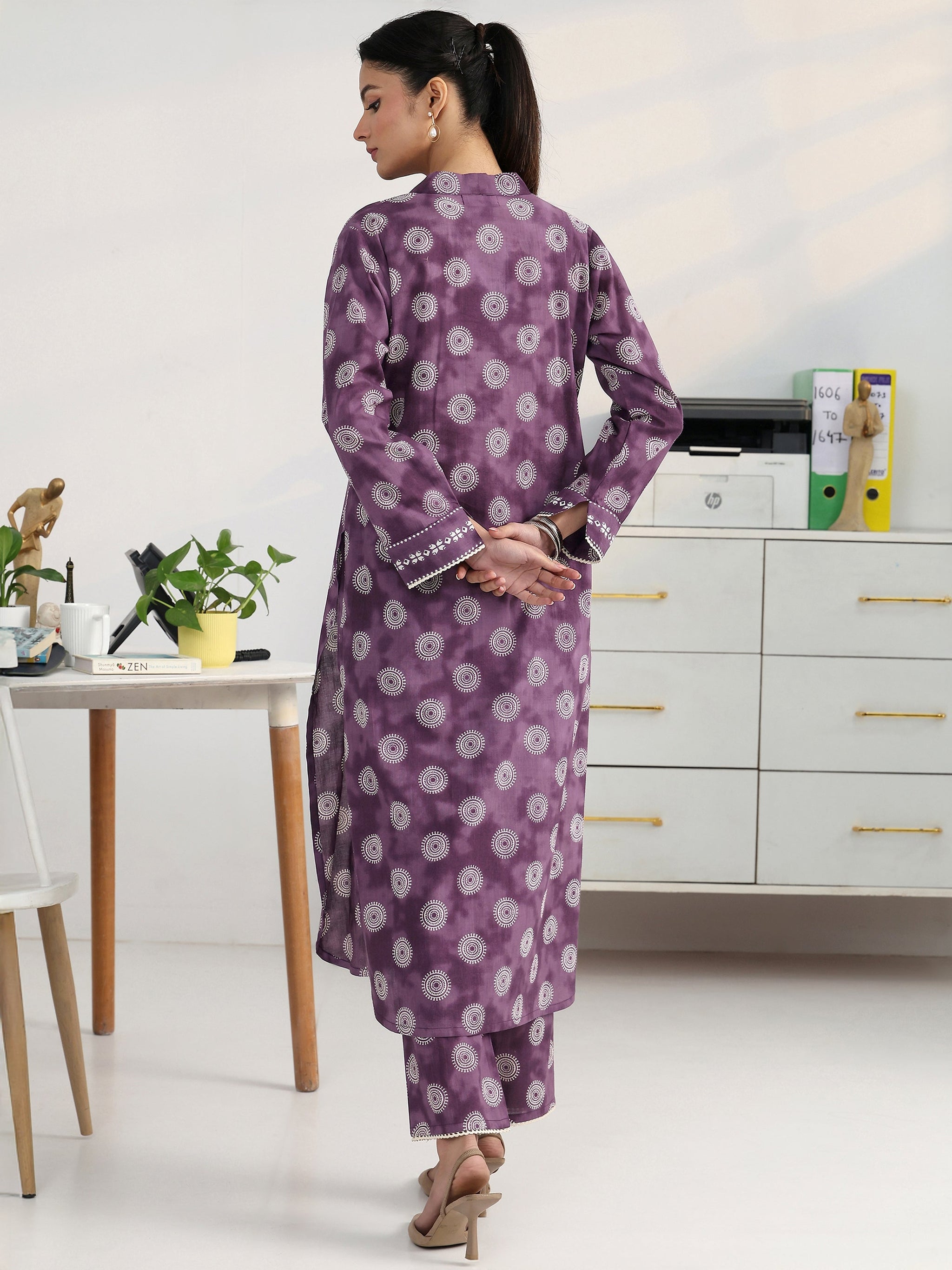 Gerua Purple Geometric Woven Design Cotton Blend Straight Kurta Set
