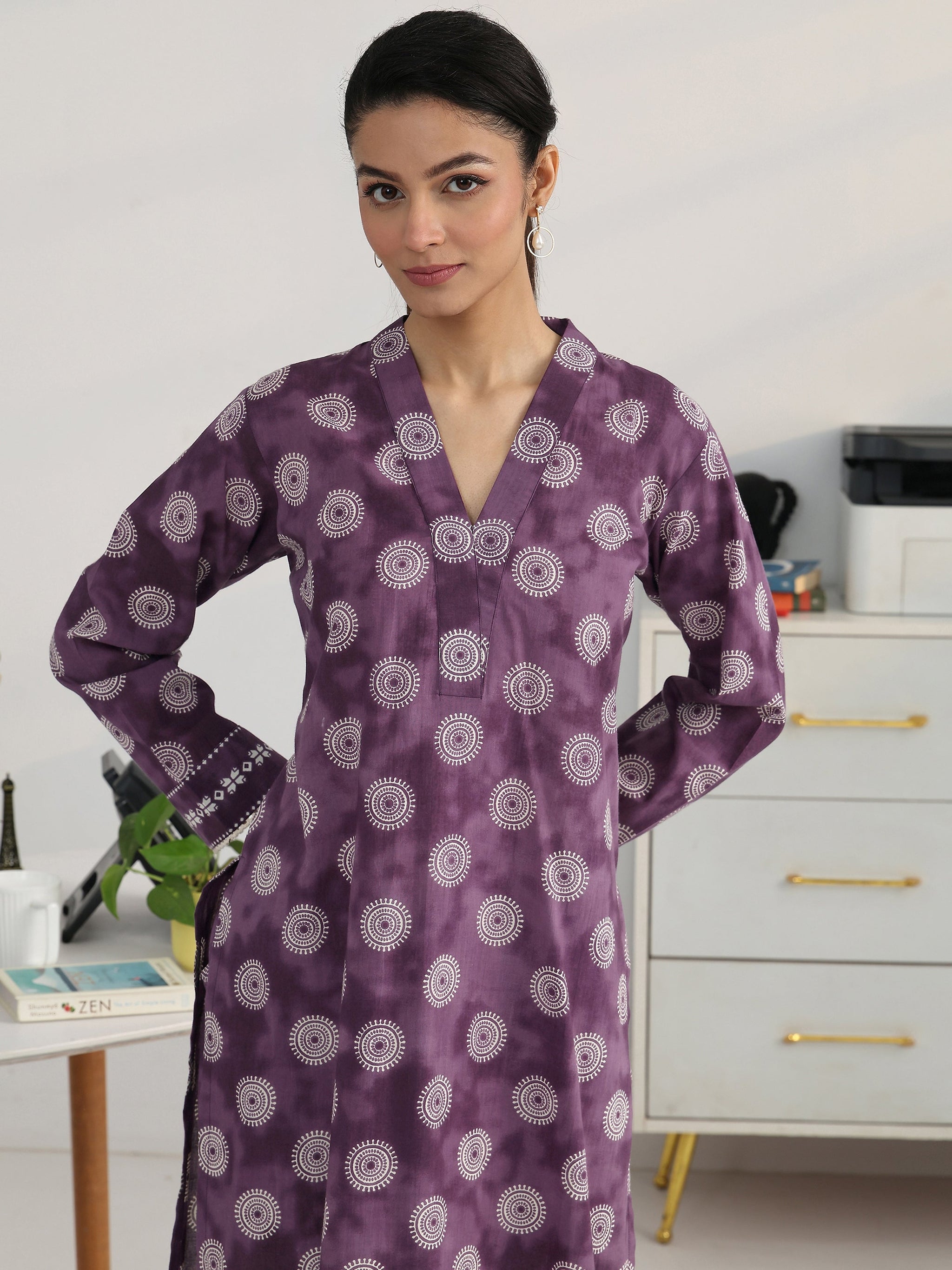 Gerua Purple Geometric Woven Design Cotton Blend Straight Kurta Set