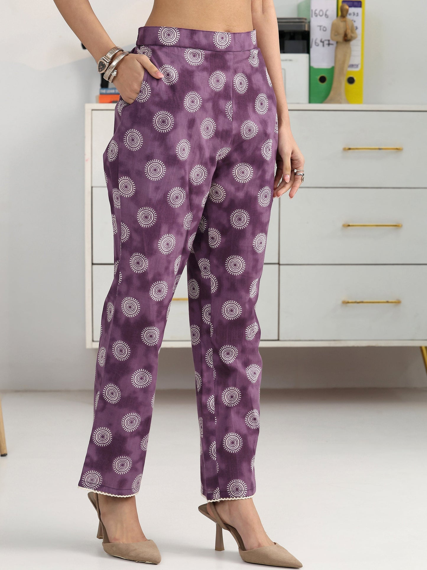 Gerua Purple Geometric Woven Design Cotton Blend Straight Kurta Set
