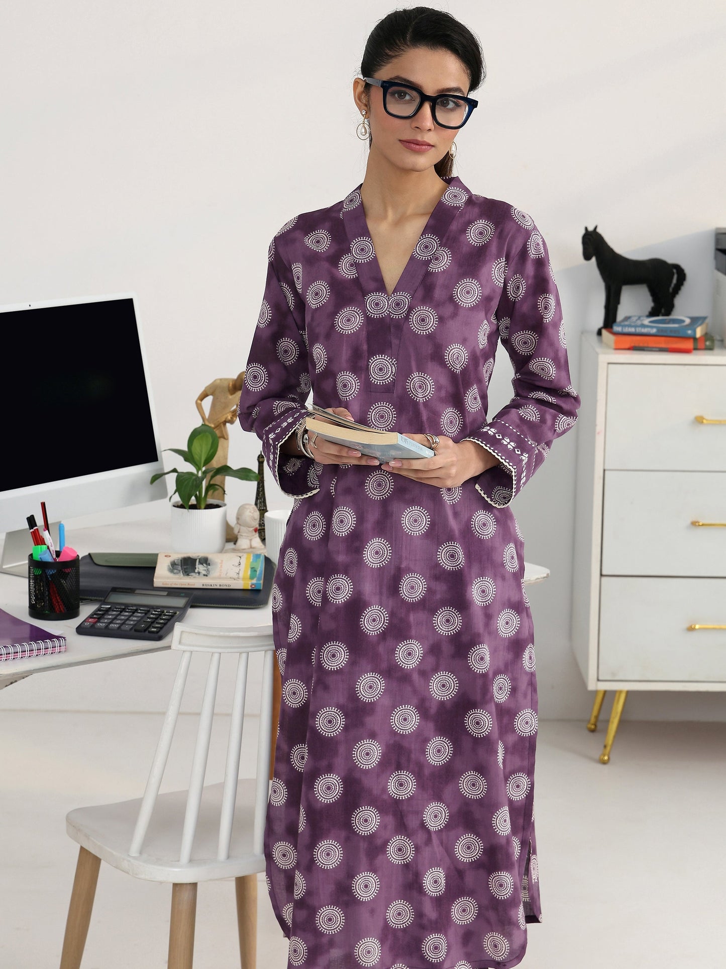 Gerua Purple Geometric Woven Design Cotton Blend Straight Kurta Set
