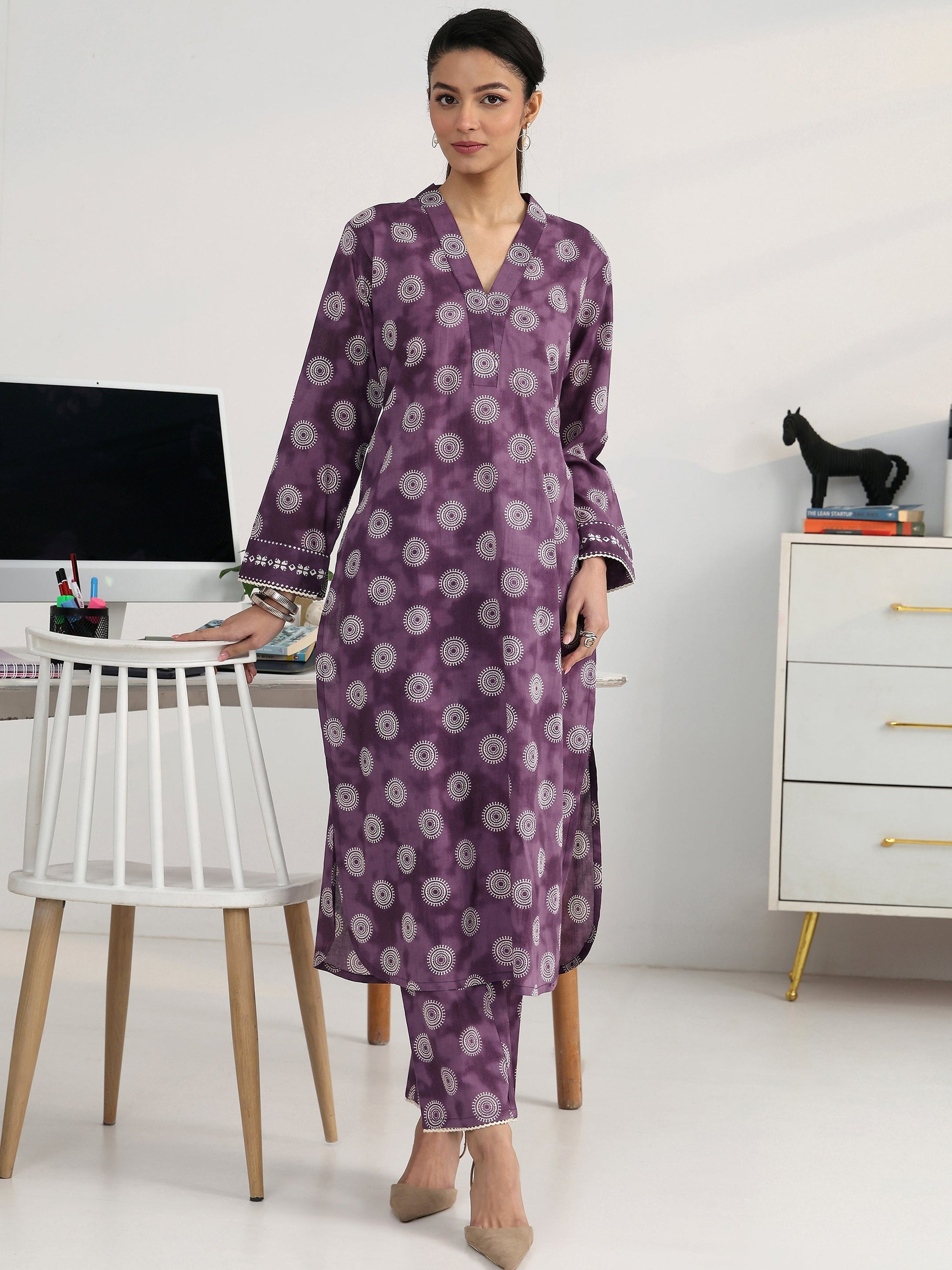 Gerua Purple Geometric Woven Design Cotton Blend Straight Kurta Set