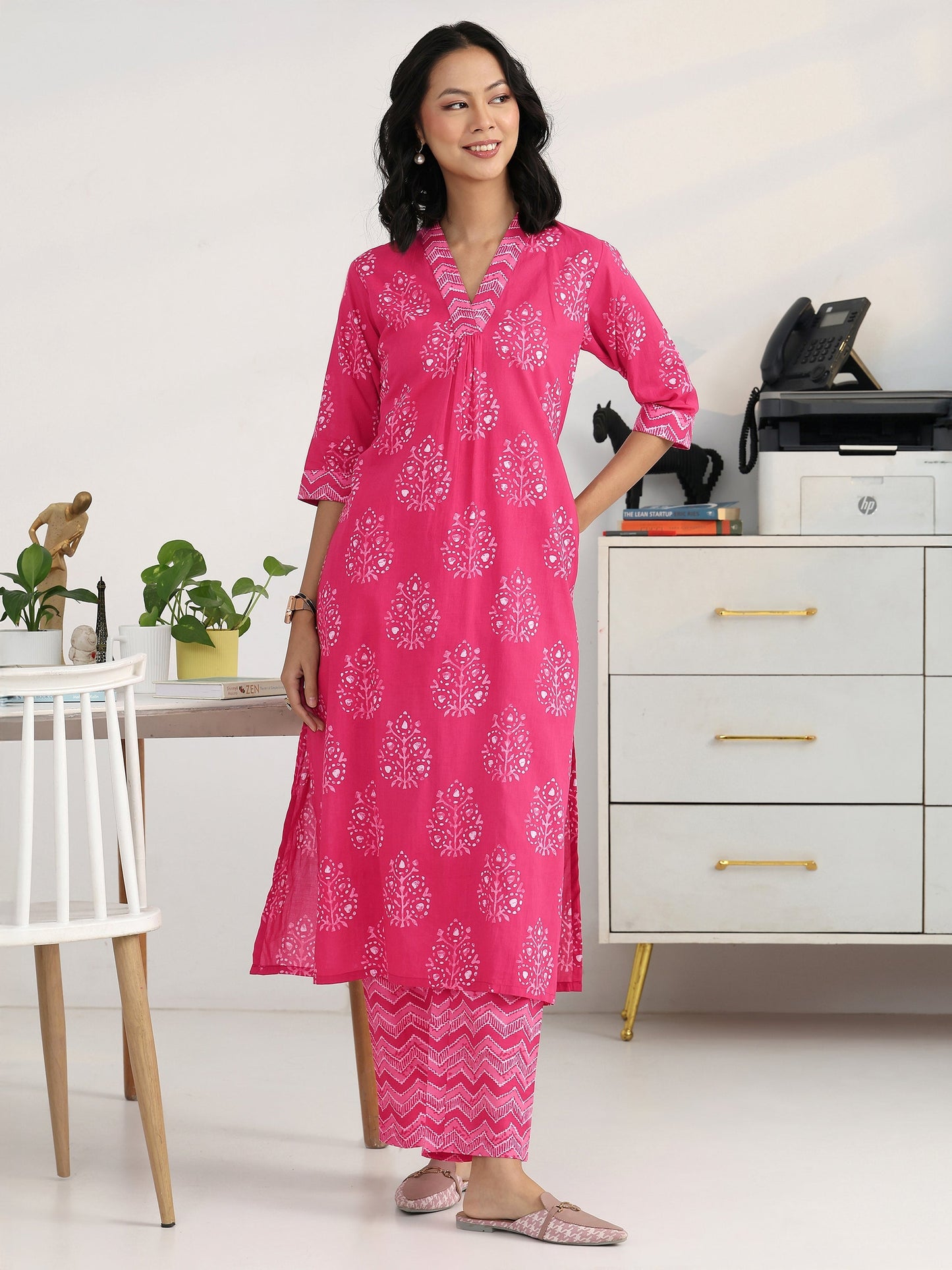 Gerua Pink Ethnic Motif Woven Design Cotton Blend Straight Kurta Set