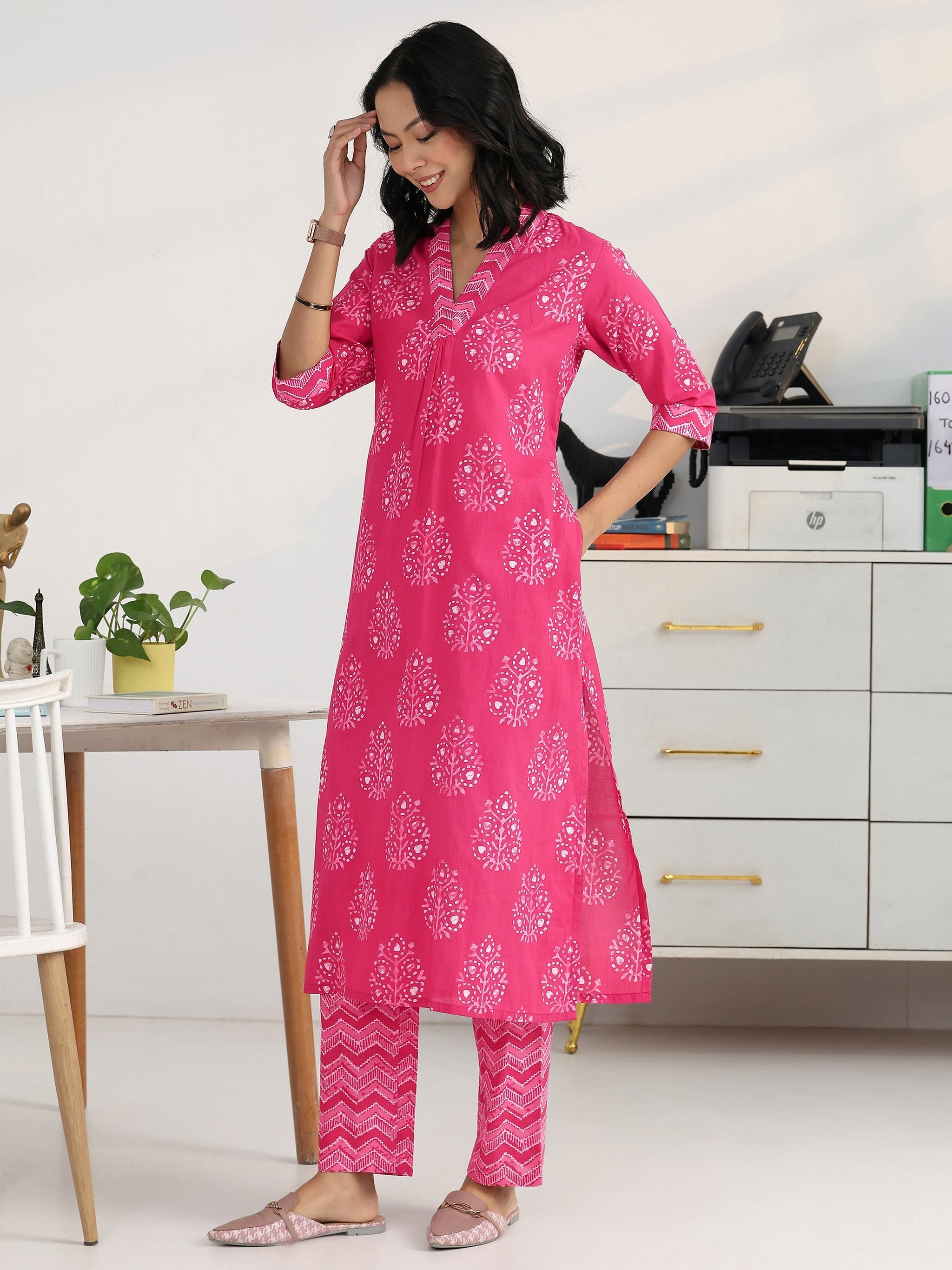 Gerua Pink Ethnic Motif Woven Design Cotton Blend Straight Kurta Set
