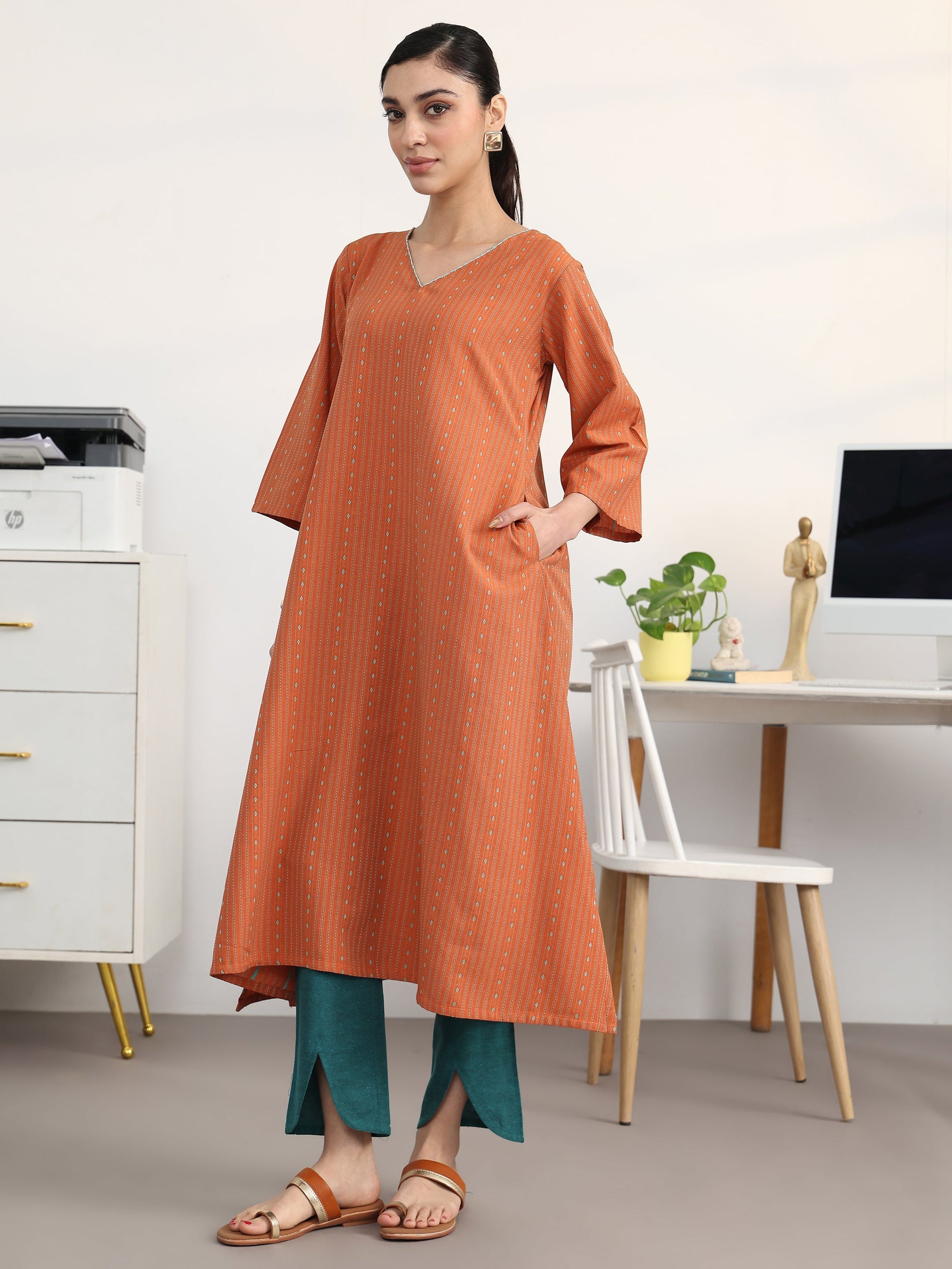 Gerua Rust Woven Design Cotton Blend A-Line Kurta Set