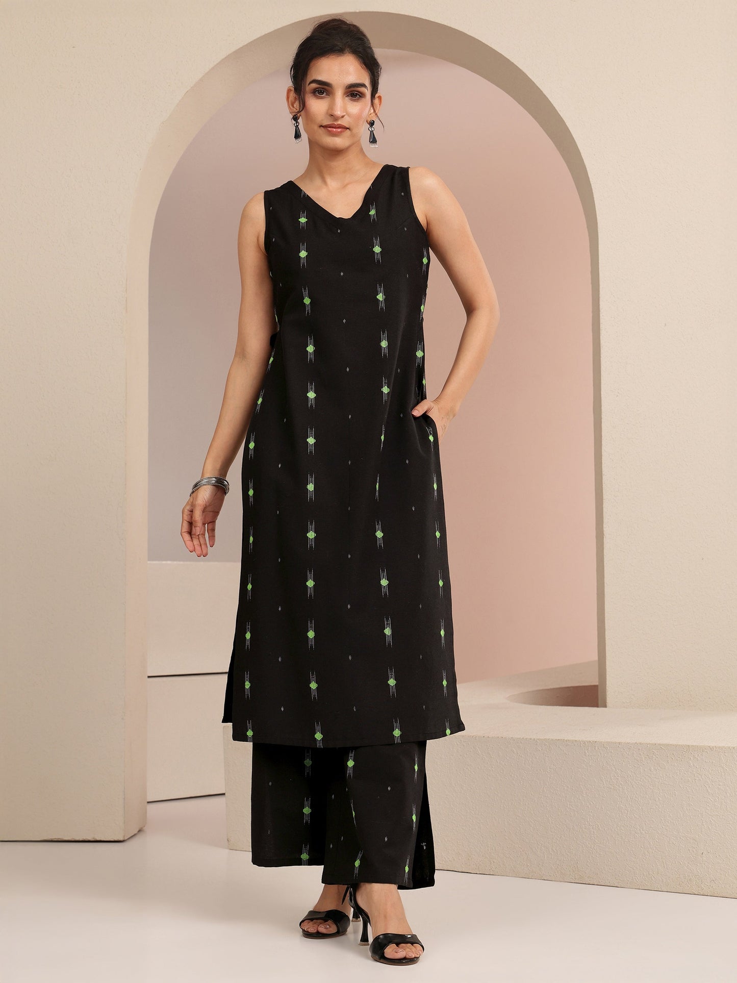 Gerua Black Woven Design Cotton Blend Straight Kurta Set