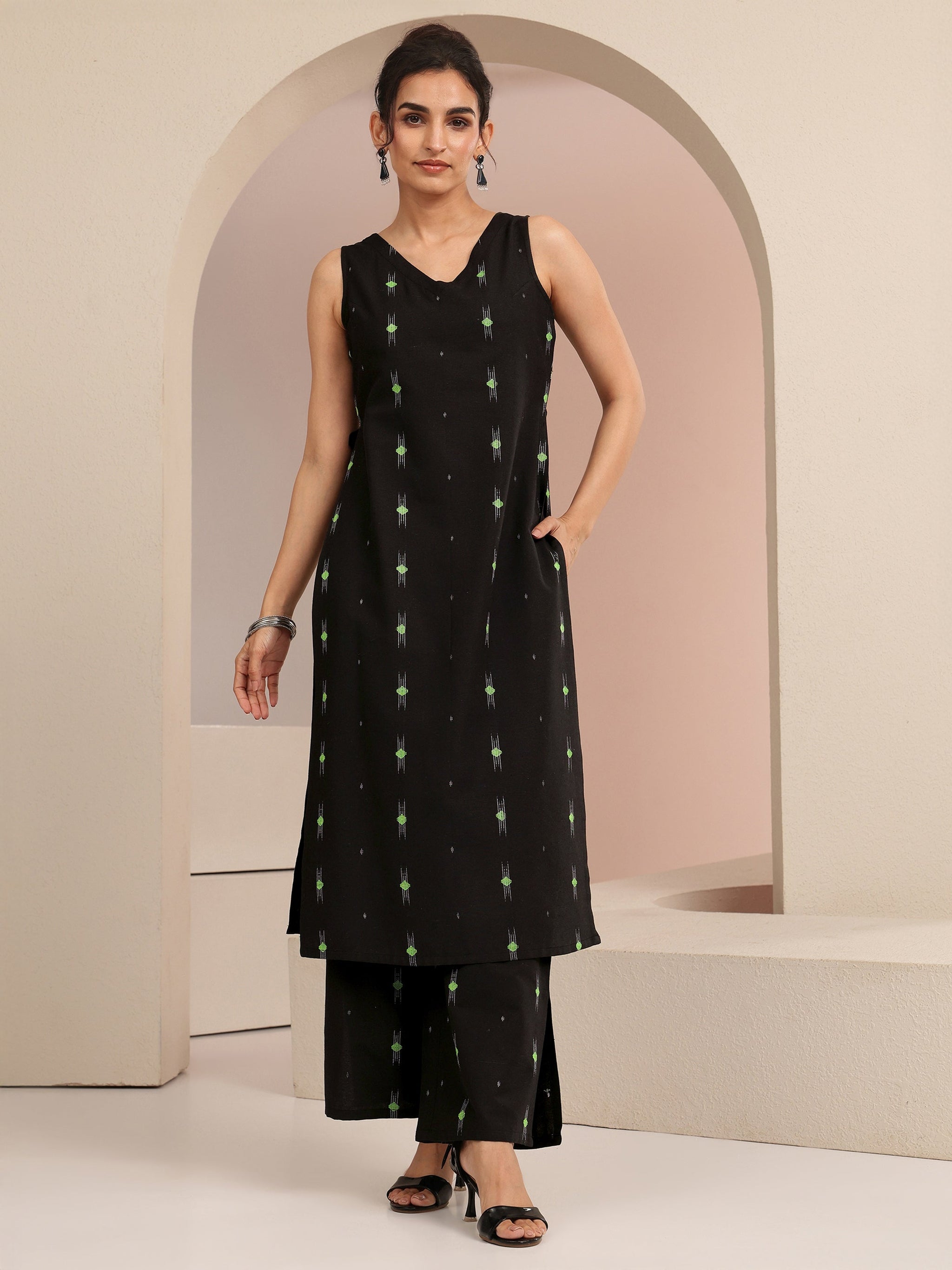 Gerua Black Woven Design Cotton Blend Straight Kurta Set