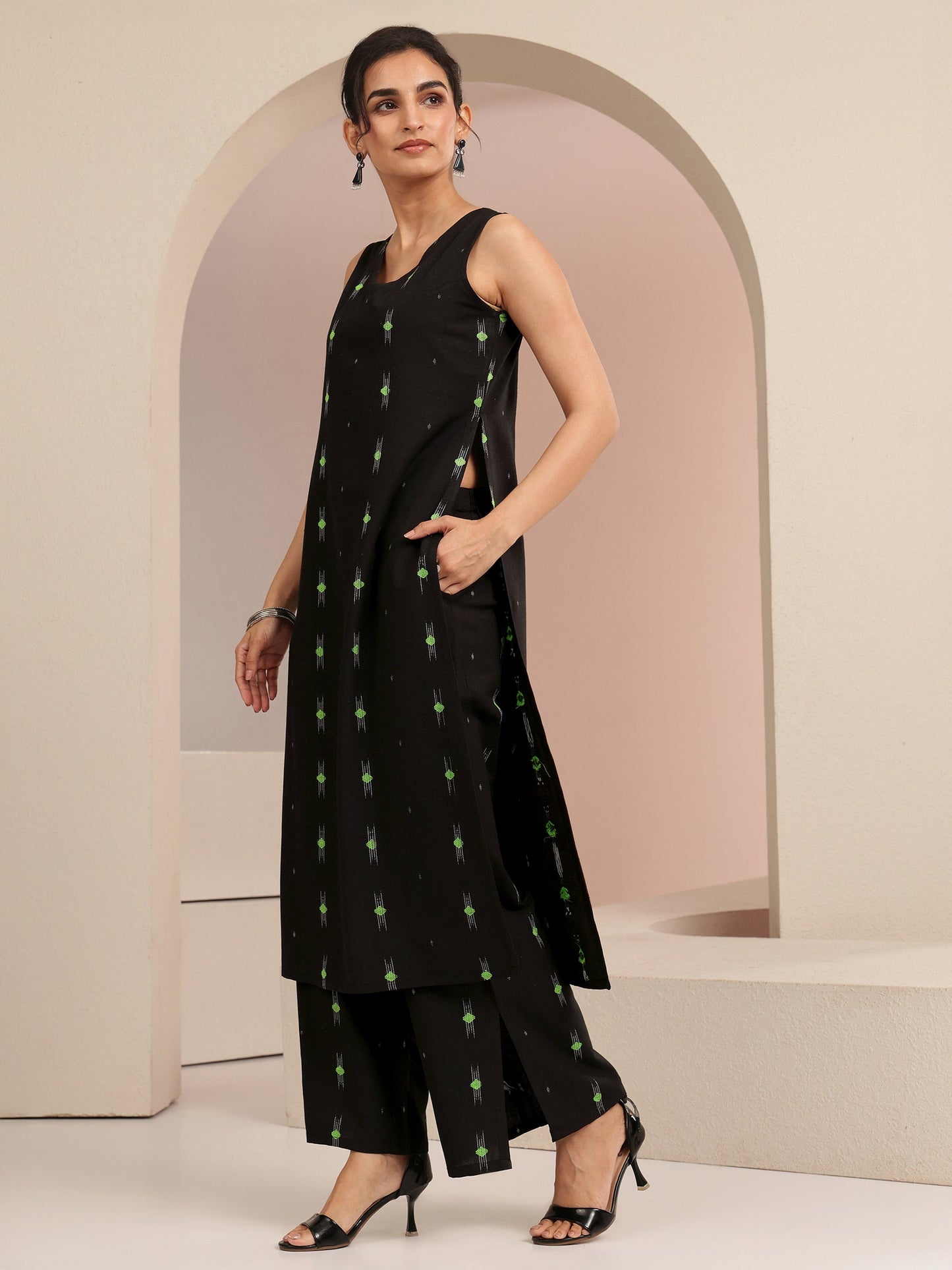Gerua Black Woven Design Cotton Blend Straight Kurta Set