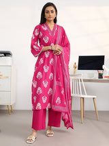 Gerua Pink Floral Printed Cotton Blend Straight Suit Set With Dupatta