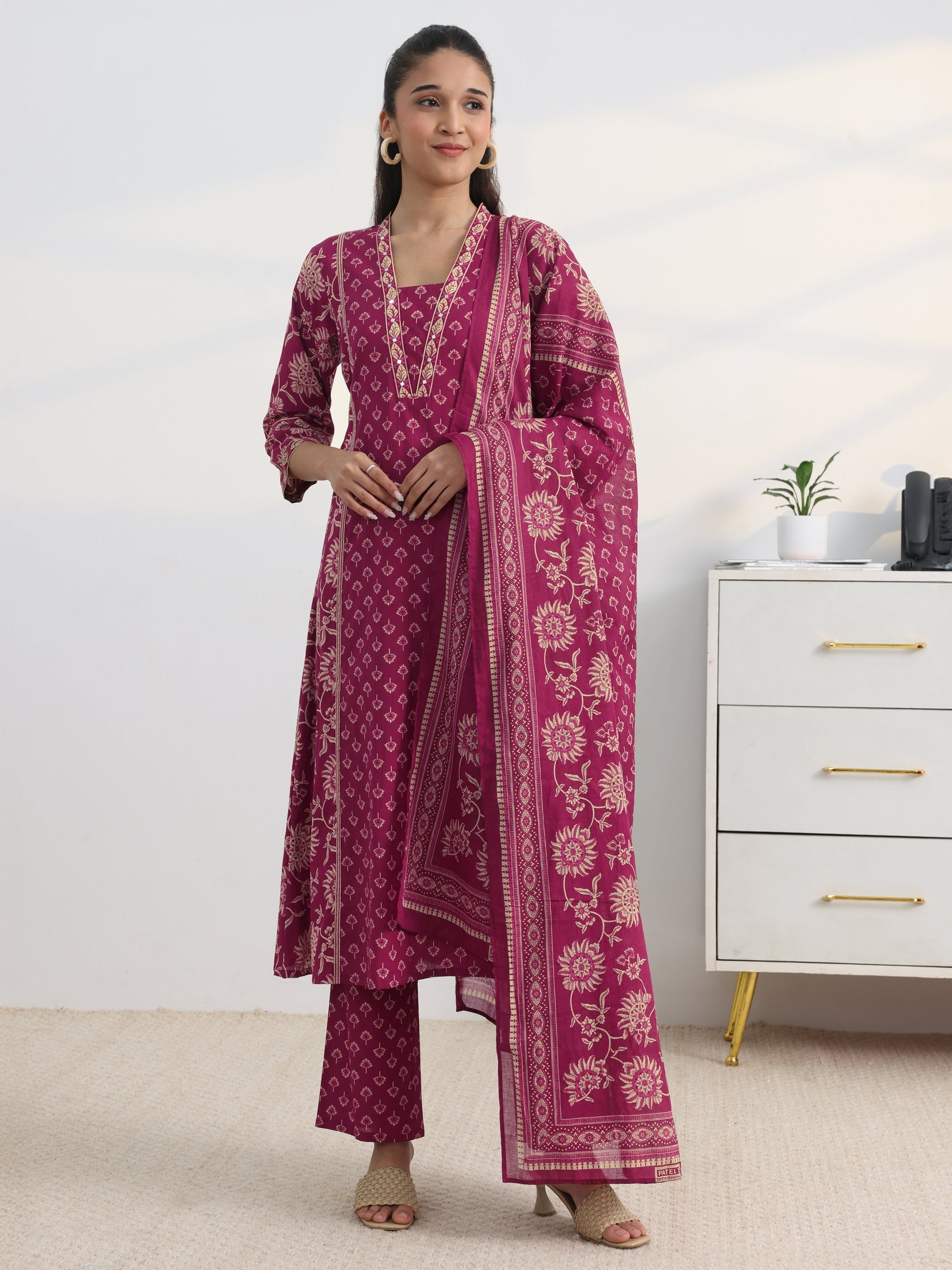Gerua Pink Floral Printed Cotton Blend A-Line Suit Set With Dupatta