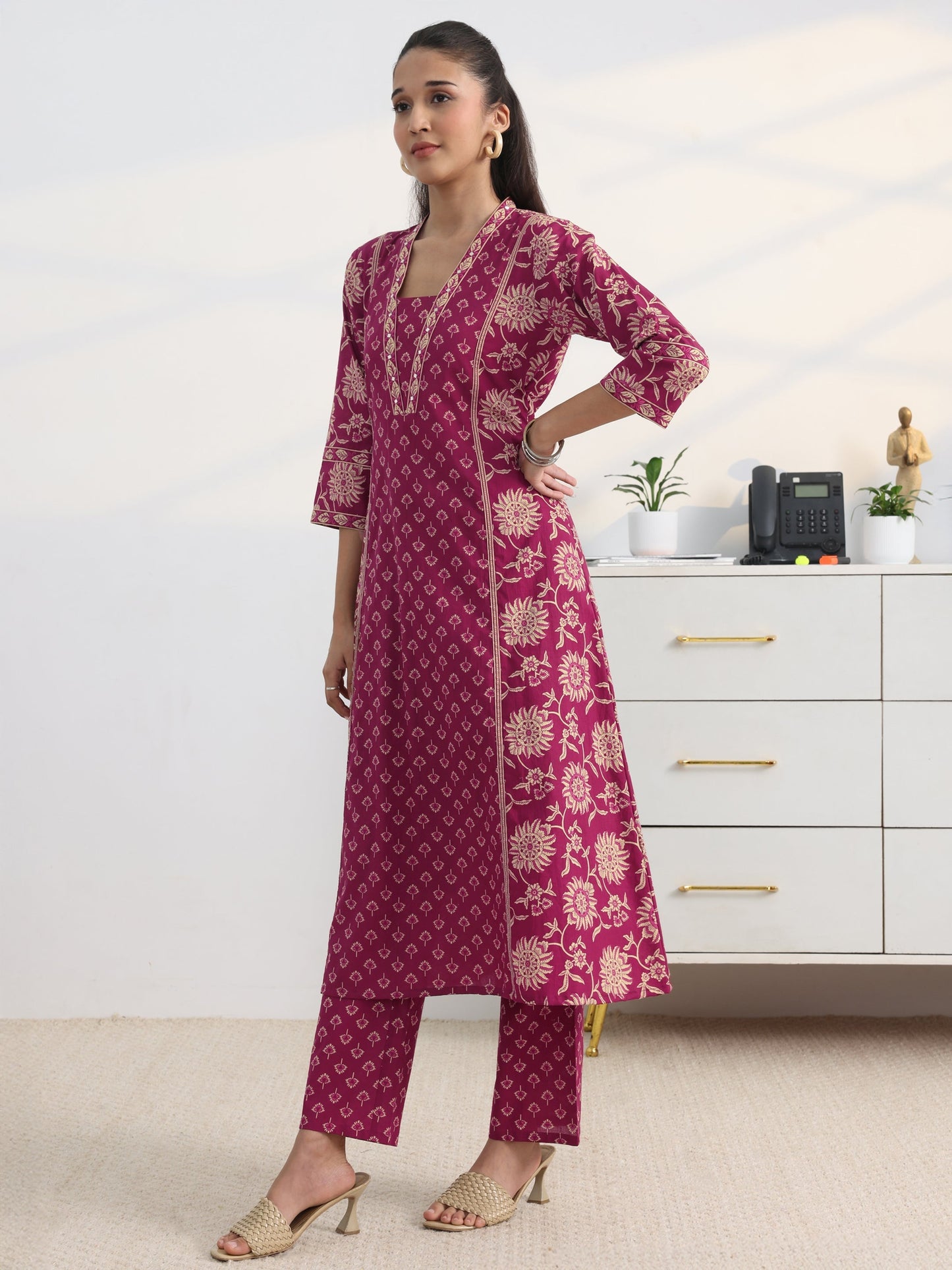 Gerua Pink Floral Printed Cotton Blend A-Line Suit Set With Dupatta