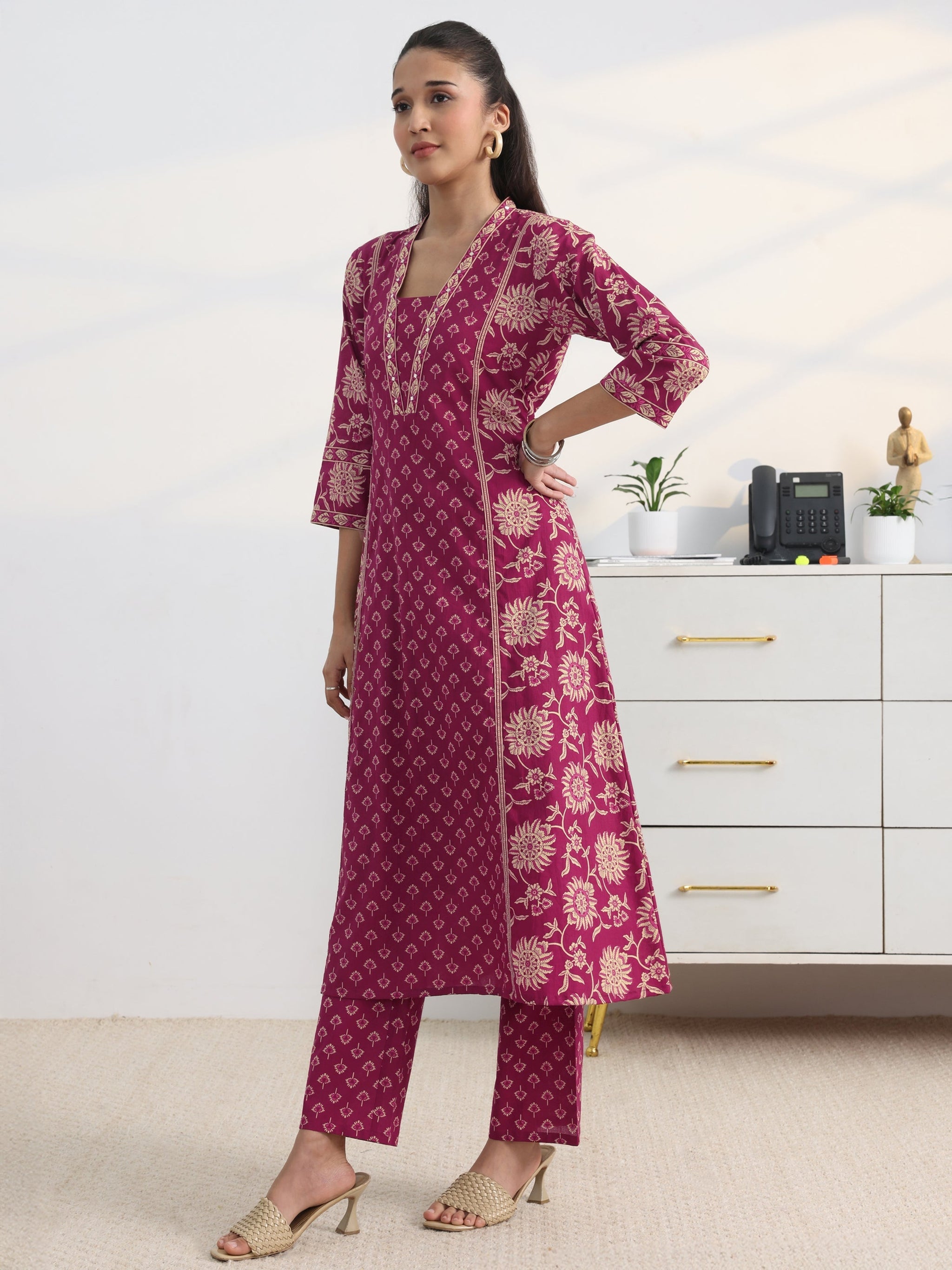 Gerua Pink Floral Printed Cotton Blend A-Line Suit Set With Dupatta