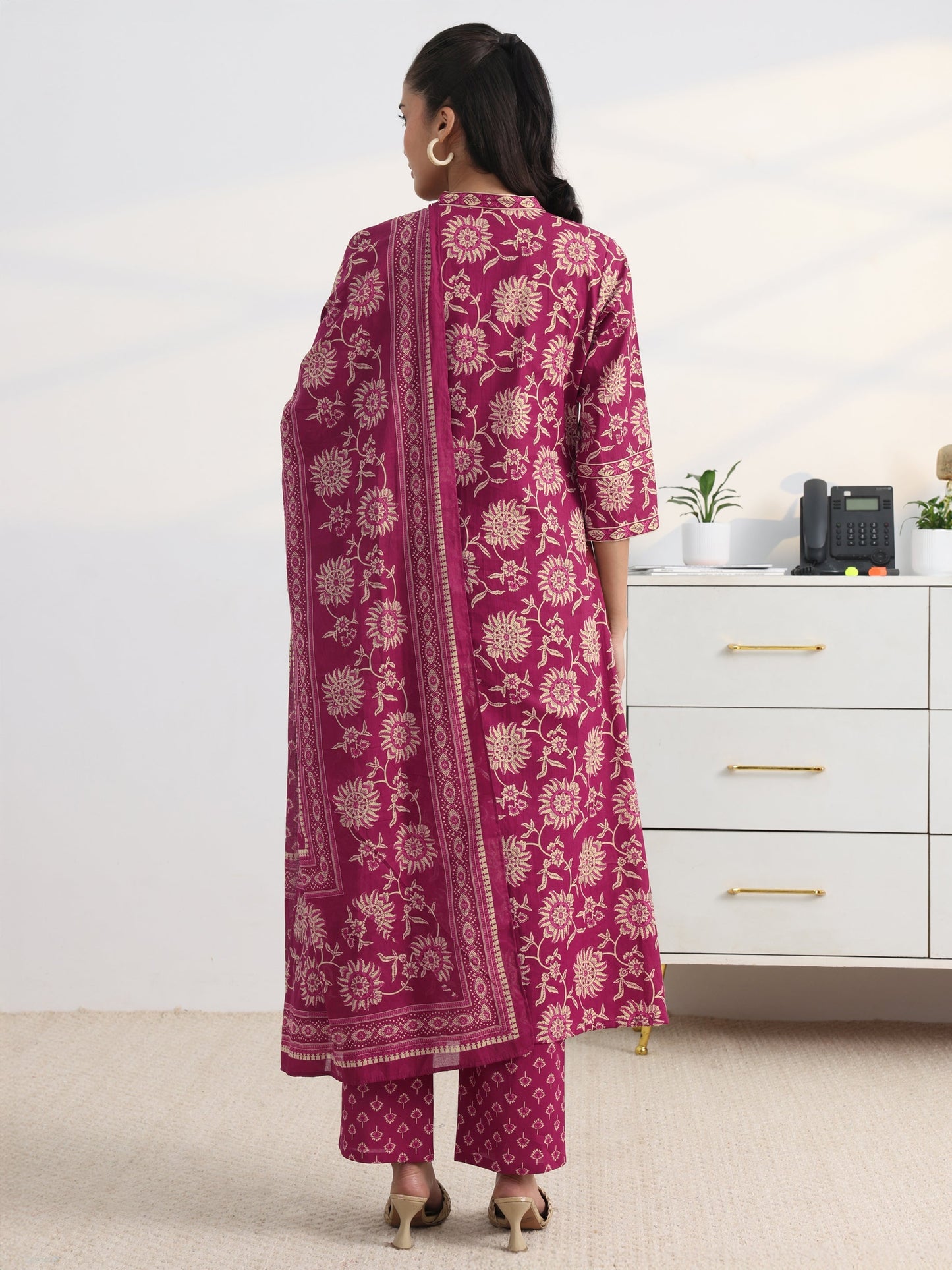 Gerua Pink Floral Printed Cotton Blend A-Line Suit Set With Dupatta