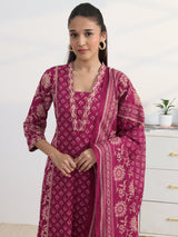 Gerua Pink Floral Printed Cotton Blend A-Line Suit Set With Dupatta