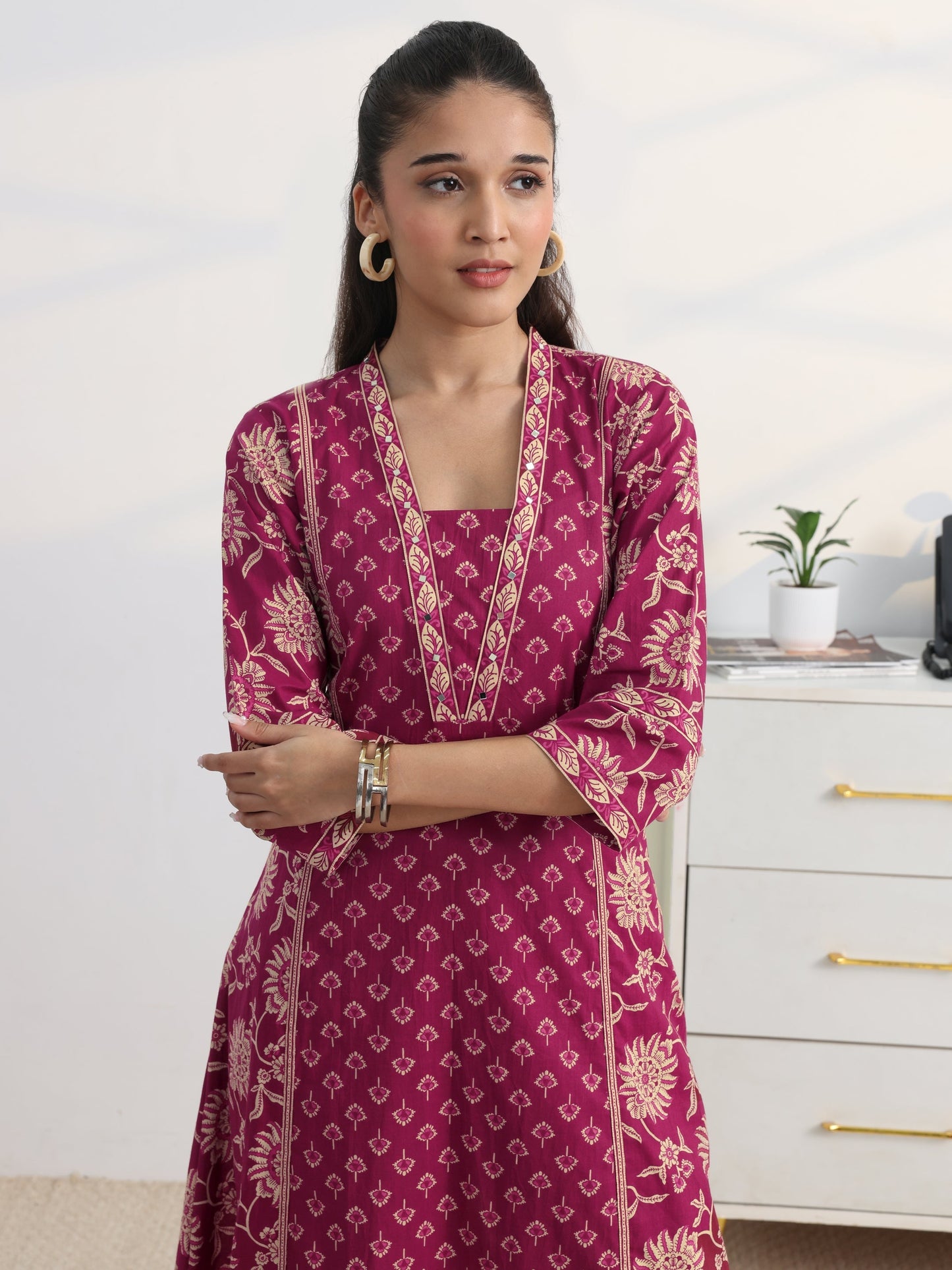 Gerua Pink Floral Printed Cotton Blend A-Line Suit Set With Dupatta