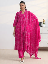 Gerua Pink Bandhani Printed Cotton Blend A-Line Suit Set With Dupatta