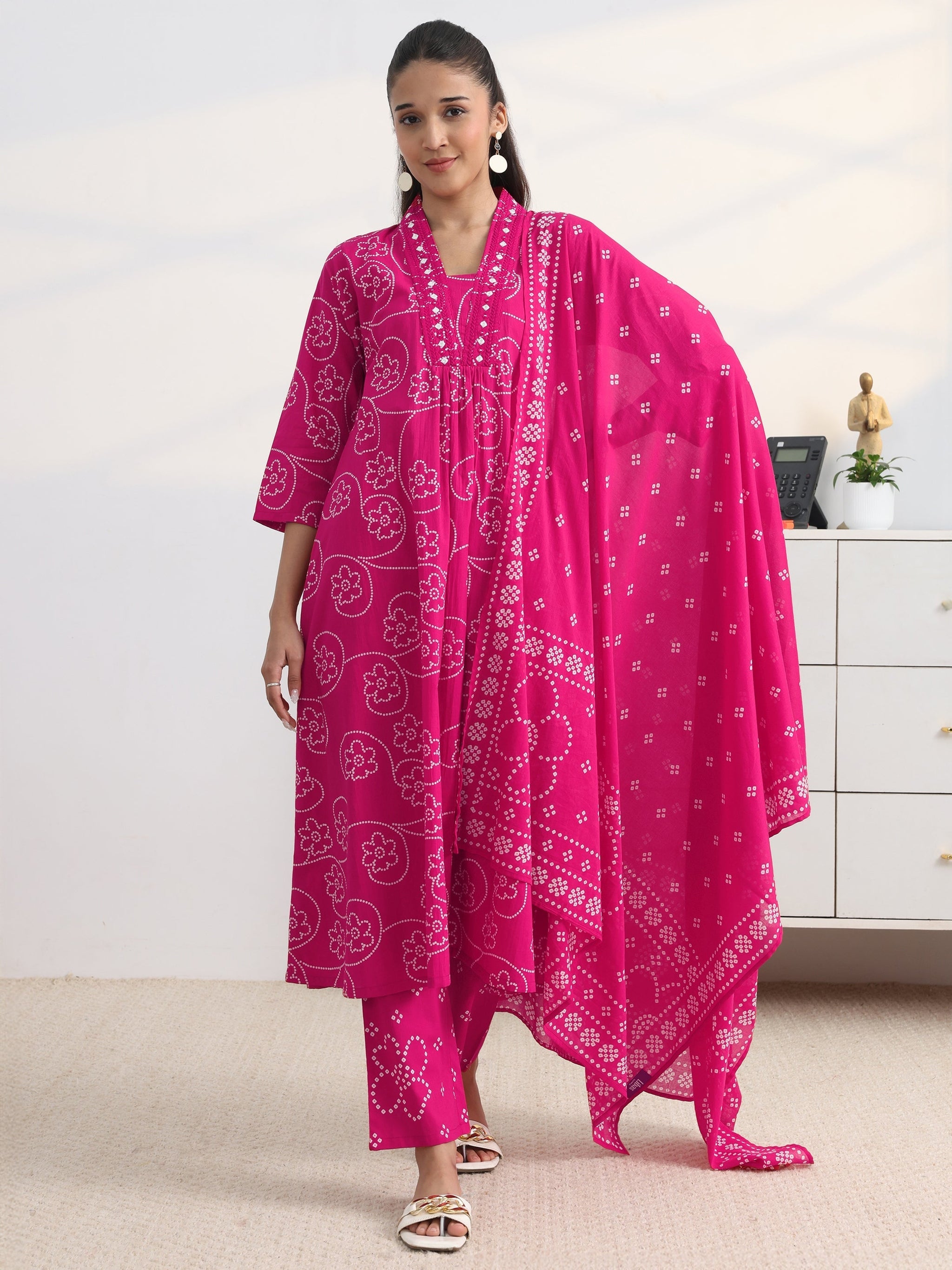 Gerua Pink Bandhani Printed Cotton Blend A-Line Suit Set With Dupatta