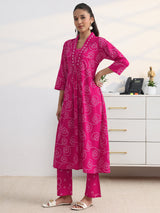 Gerua Pink Bandhani Printed Cotton Blend A-Line Suit Set With Dupatta