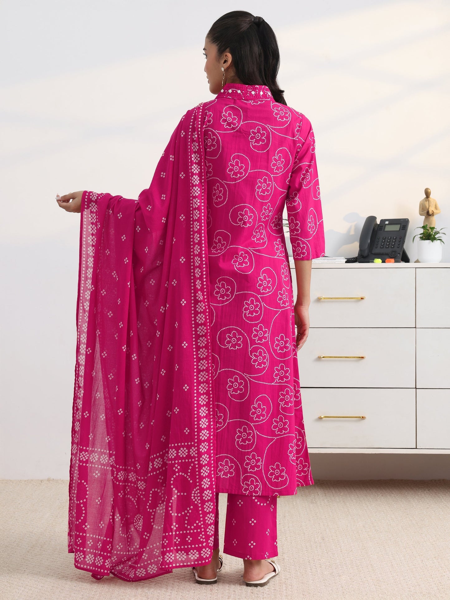 Gerua Pink Bandhani Printed Cotton Blend A-Line Suit Set With Dupatta