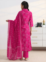 Gerua Pink Bandhani Printed Cotton Blend A-Line Suit Set With Dupatta