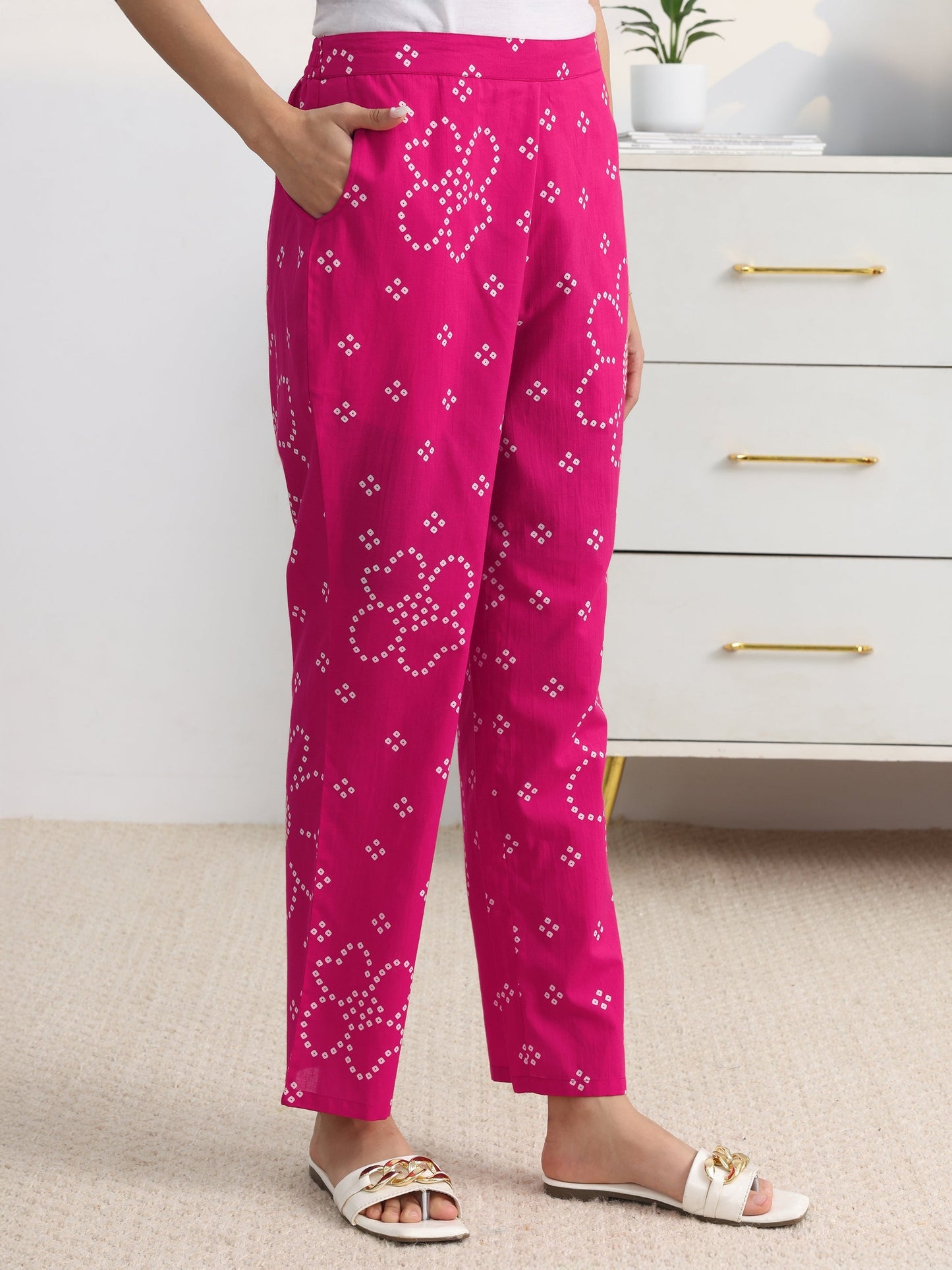 Gerua Pink Bandhani Printed Cotton Blend A-Line Suit Set With Dupatta