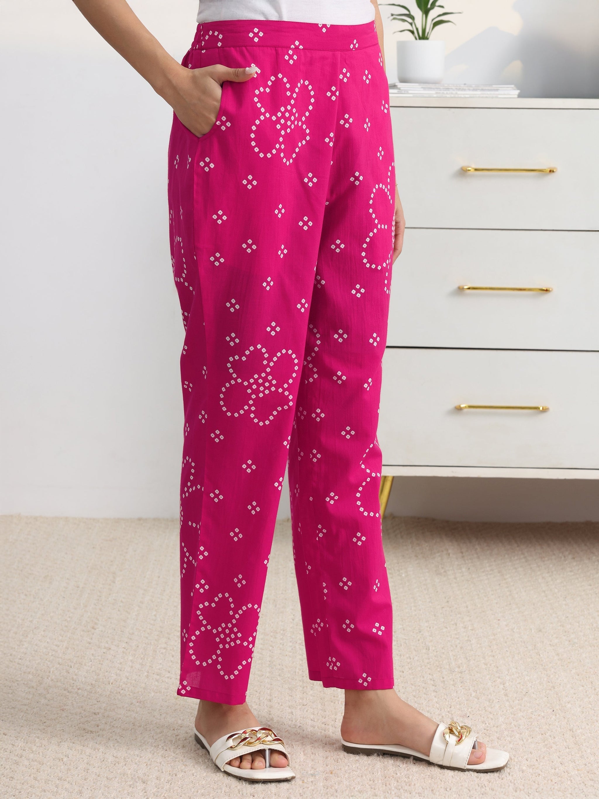 Gerua Pink Bandhani Printed Cotton Blend A-Line Suit Set With Dupatta