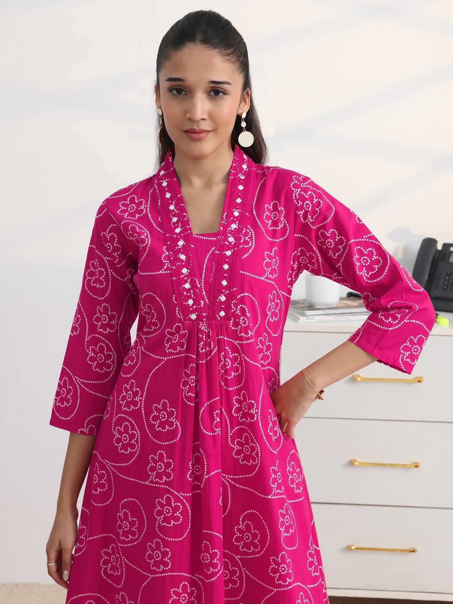 Gerua Pink Bandhani Printed Cotton Blend A-Line Suit Set With Dupatta