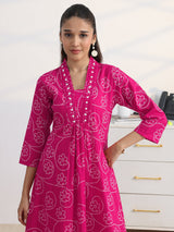 Gerua Pink Bandhani Printed Cotton Blend A-Line Suit Set With Dupatta